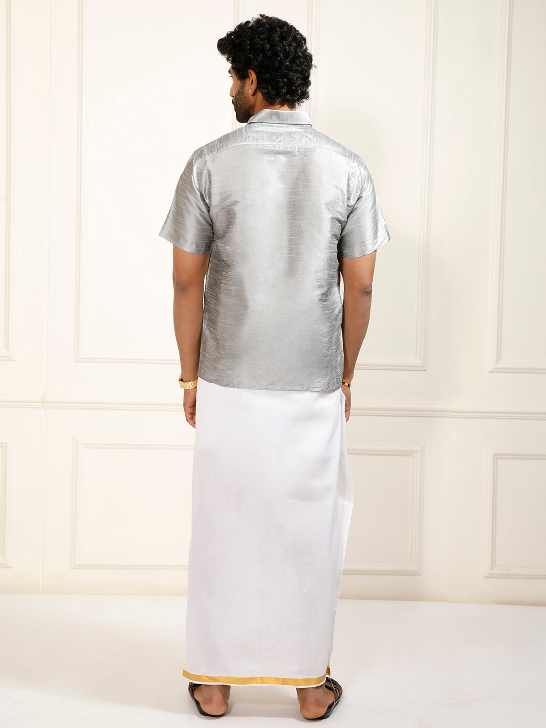 Men's Grey Silk Blend Shirt And Mundu