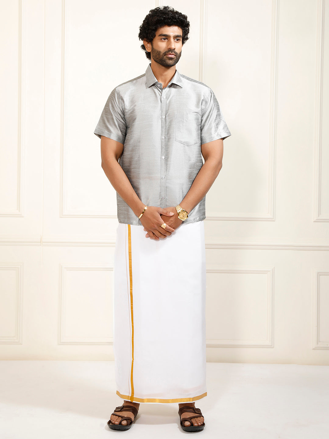 Men's Grey Silk Blend Shirt And Mundu
