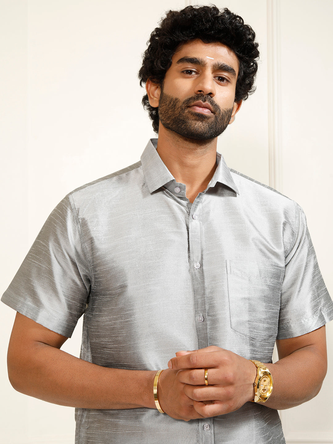 Men's Grey Silk Blend Shirt And Mundu