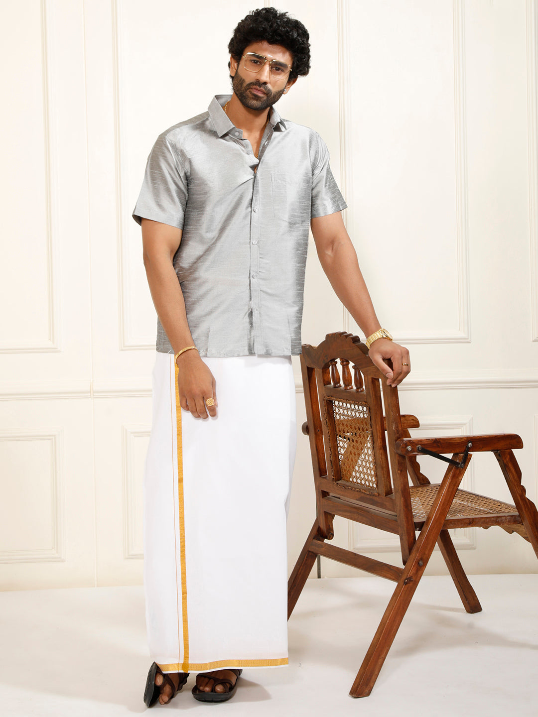 Men's Grey Silk Blend Shirt And Mundu