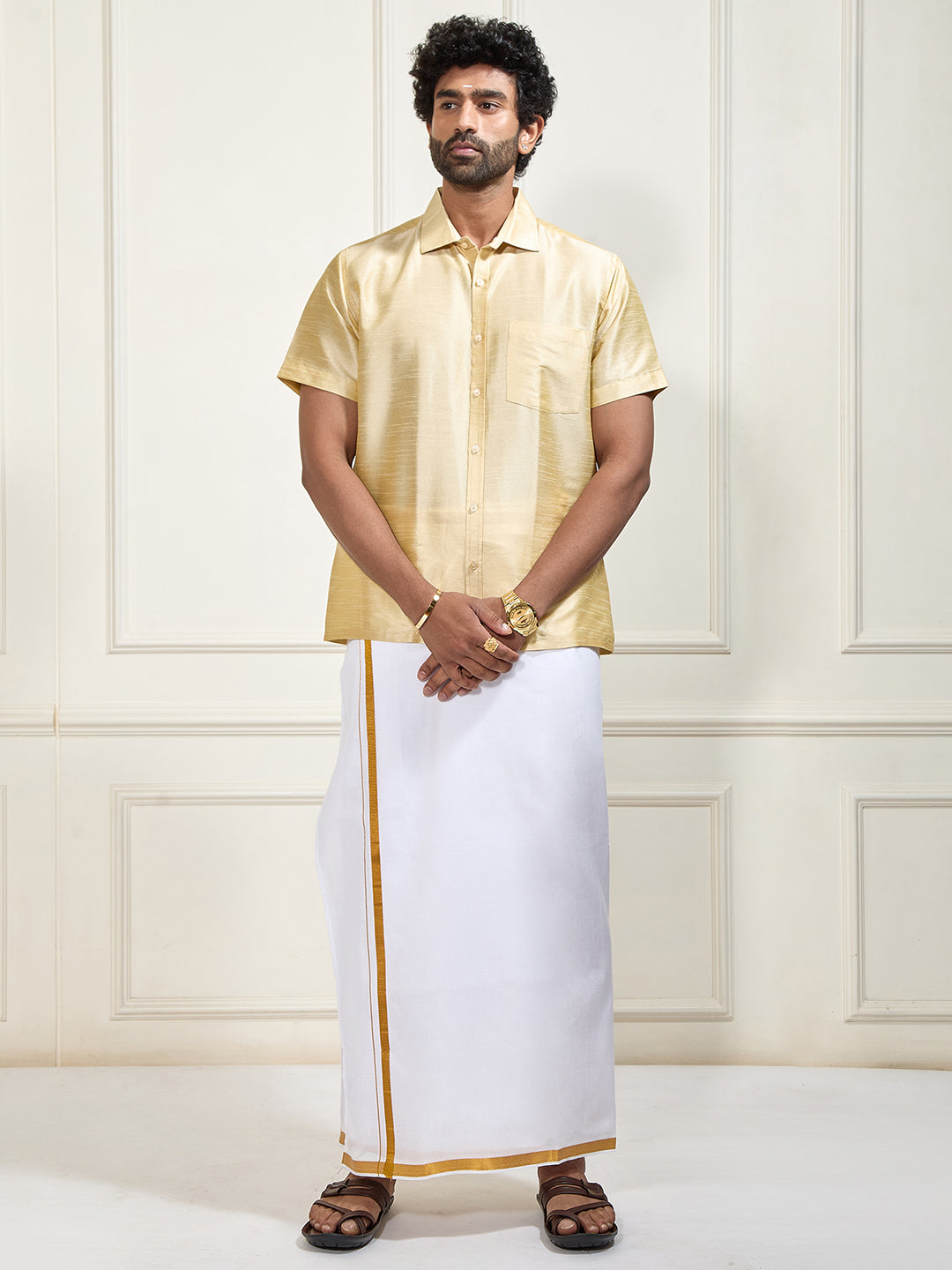 Men's Gold Silk Blend Shirt And Mundu