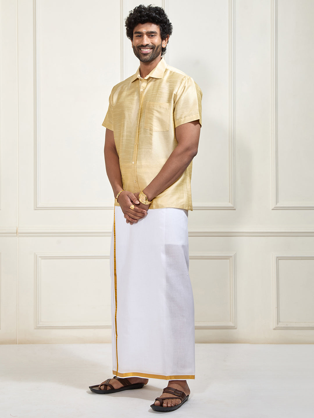 Men's Gold Silk Blend Shirt And Mundu