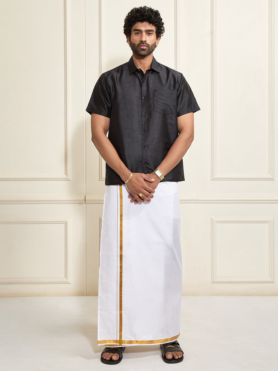 Men's Black Silk Blend Shirt And Mundu