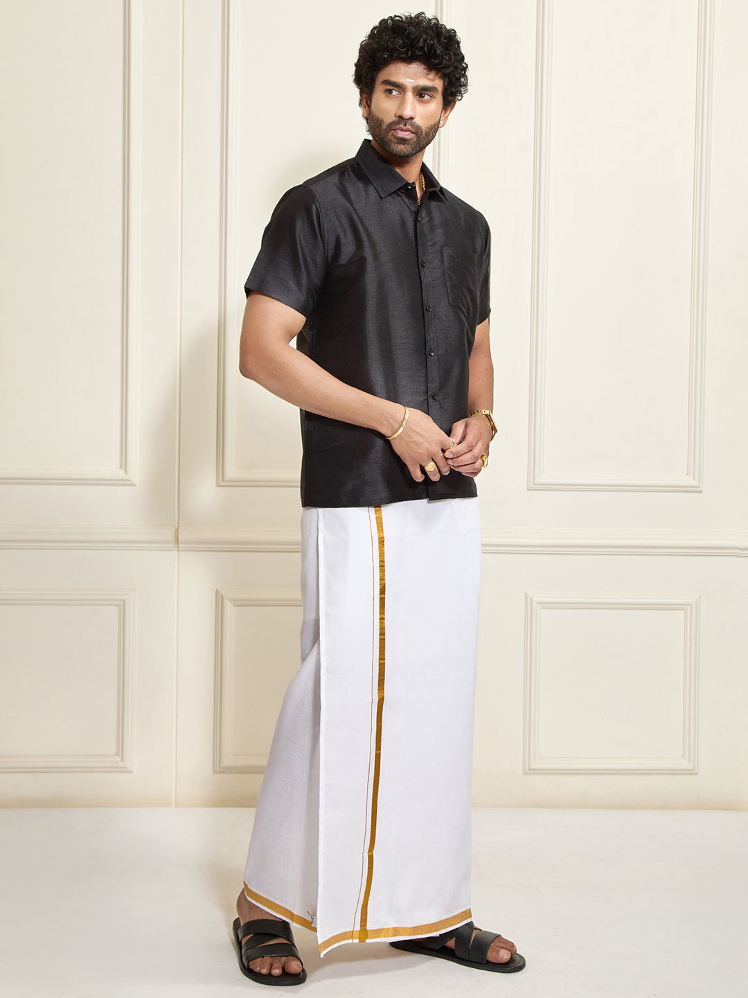 Men's Black Silk Blend Shirt And Mundu