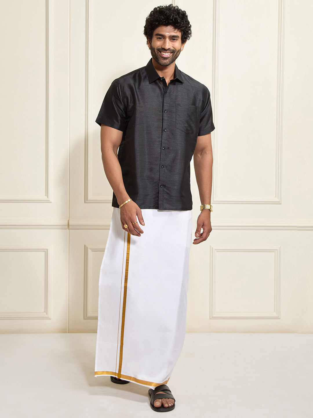Men's Black Silk Blend Shirt And Mundu