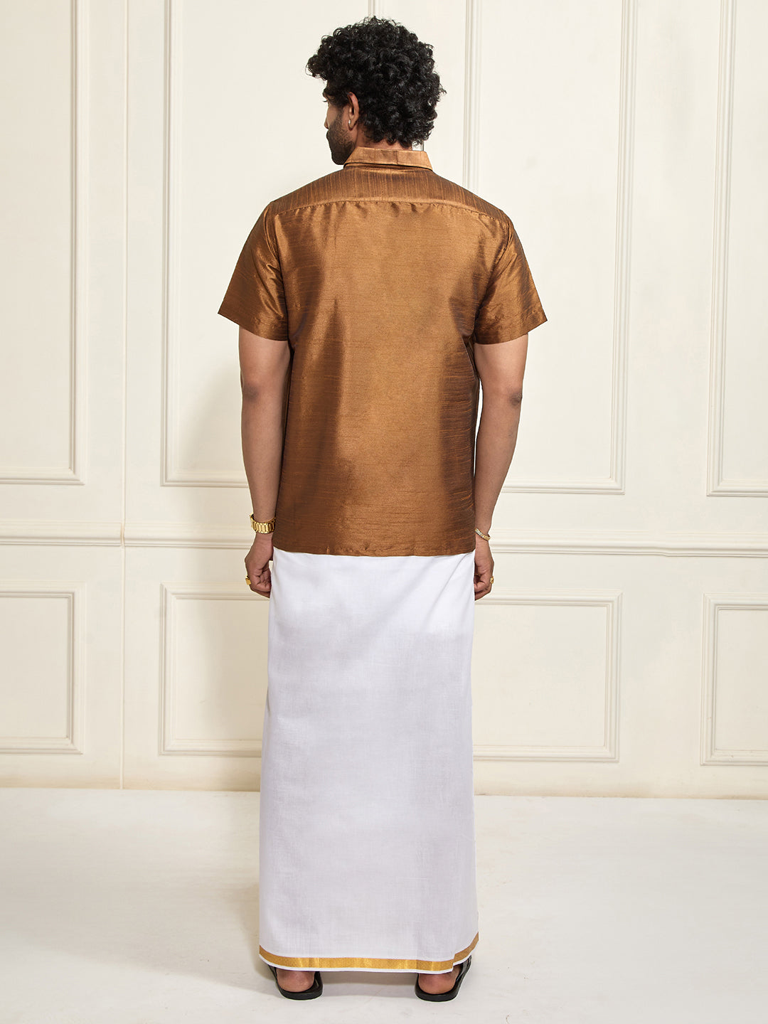 Men's Coffee Silk Blend Shirt And Mundu