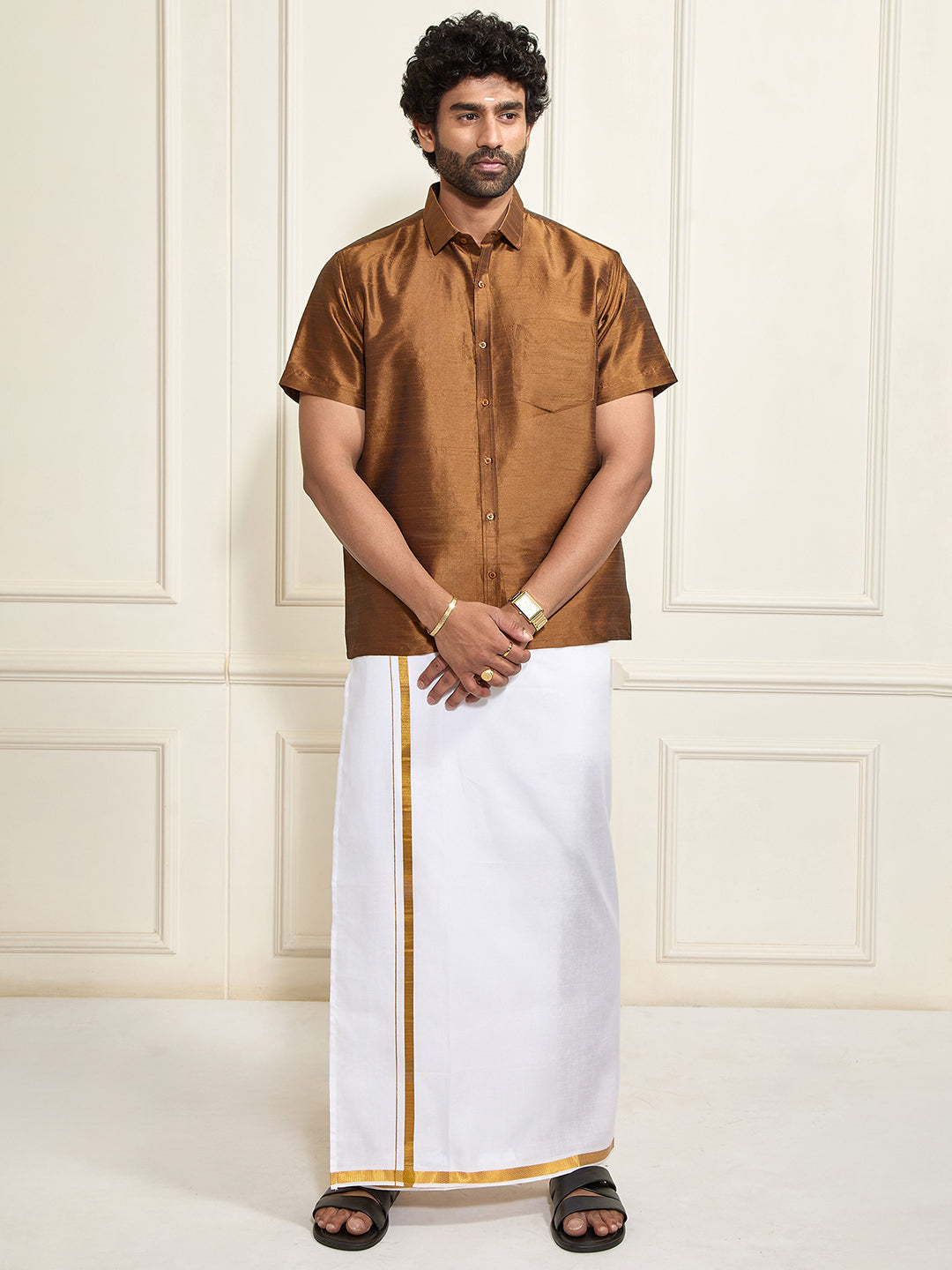 Men's Coffee Silk Blend Shirt And Mundu
