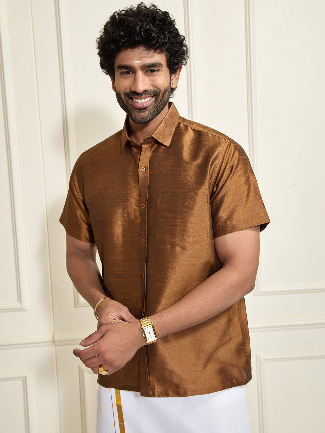 Men's Coffee Silk Blend Shirt And Mundu