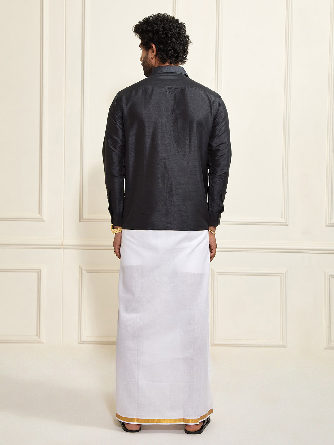 Men's Black Silk Blend Shirt And Mundu