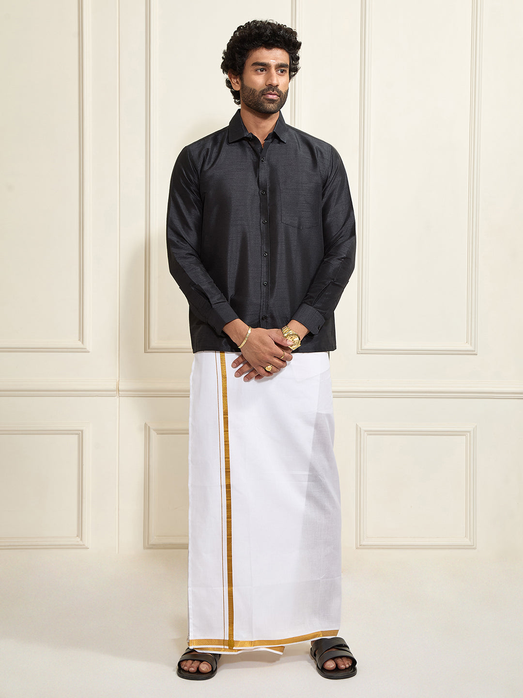 Men's Black Silk Blend Shirt And Mundu