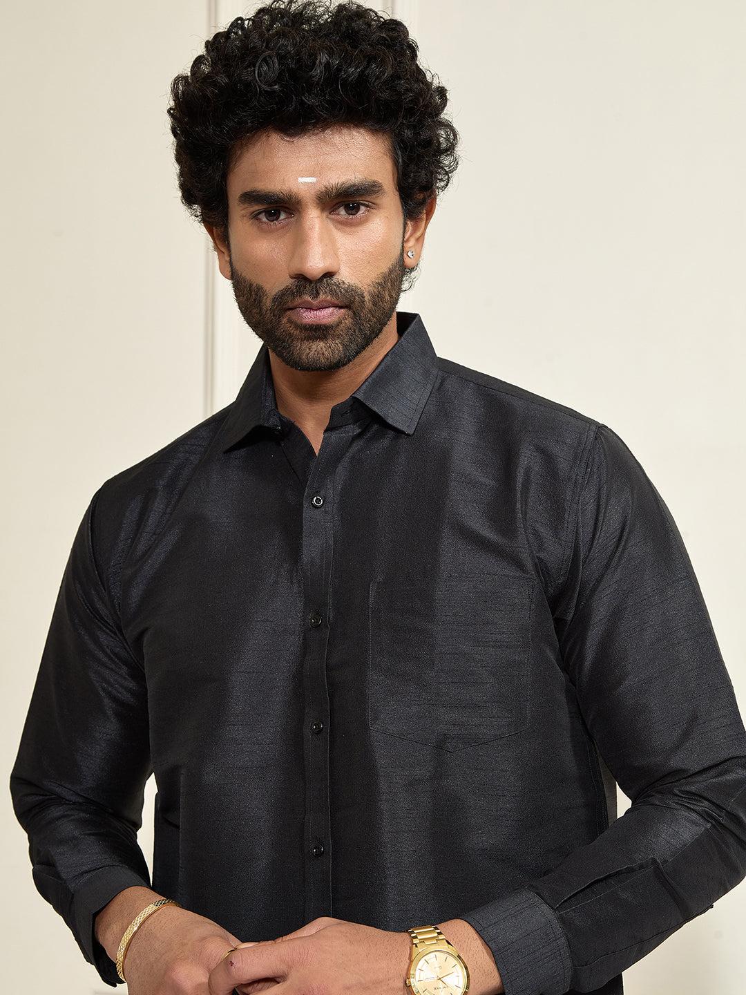 Men's Black Silk Blend Shirt And Mundu