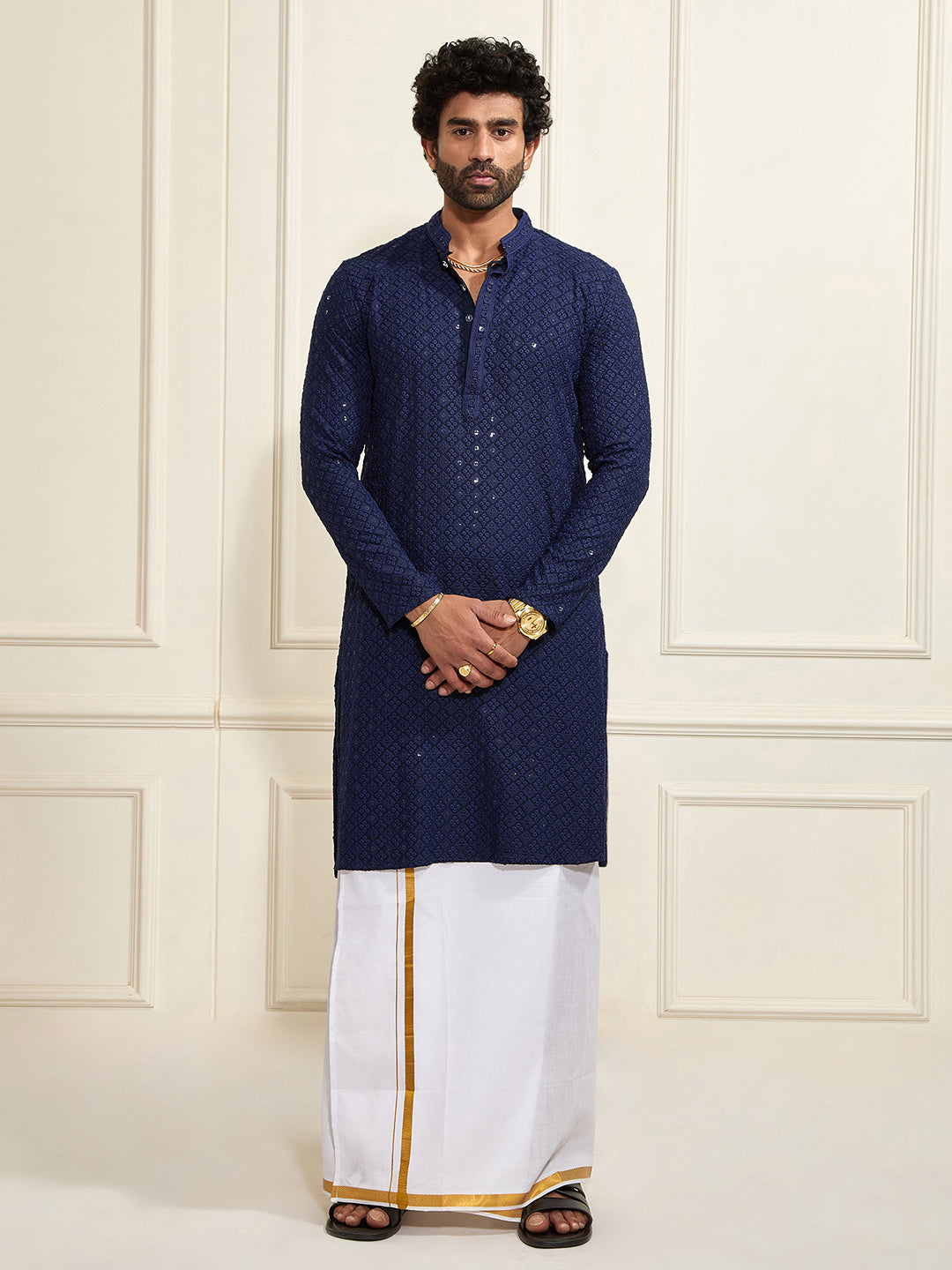 Men's Navy Blue Rayon Cotton Kurta