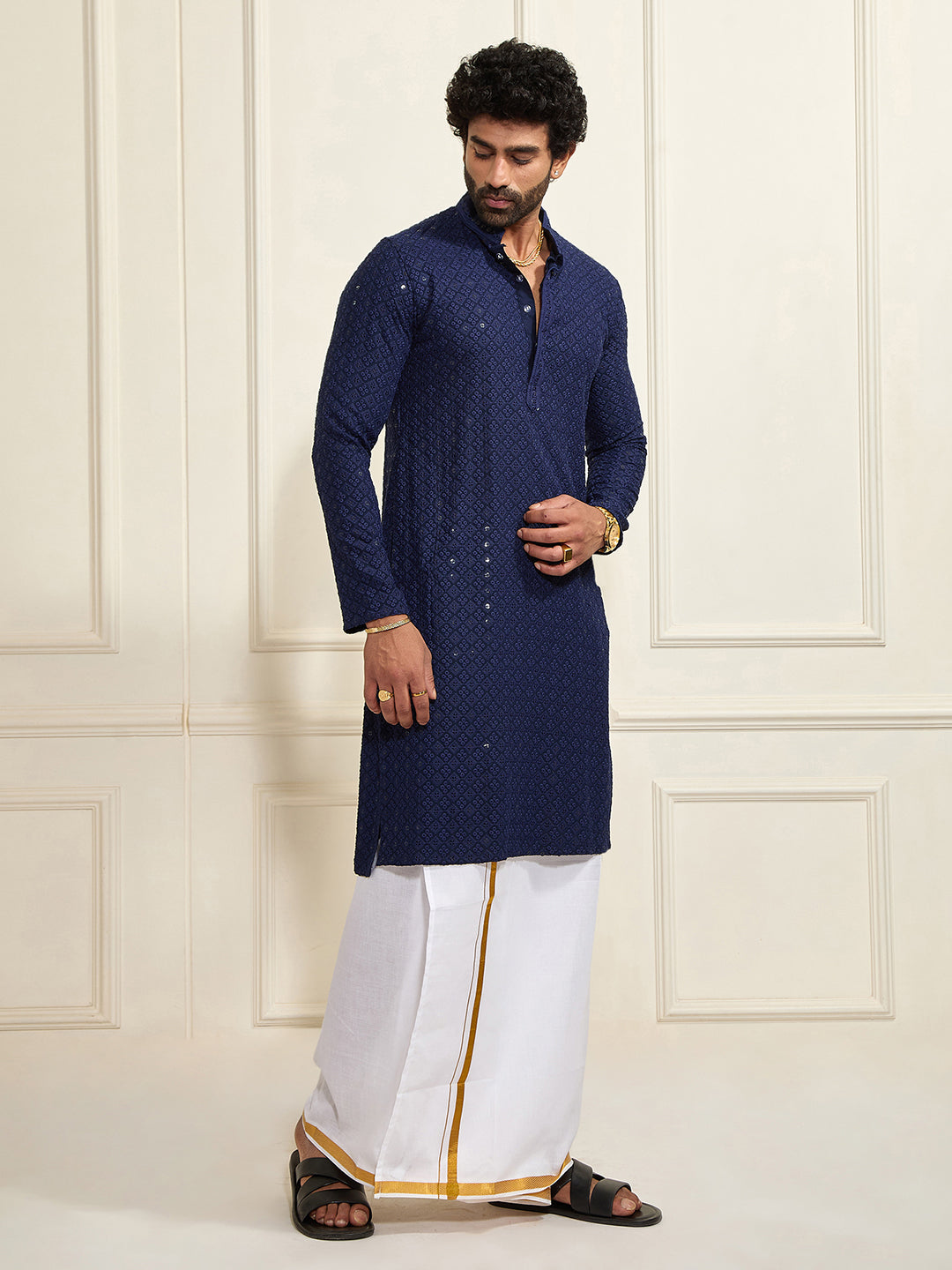 Men's Navy Blue Rayon Cotton Kurta
