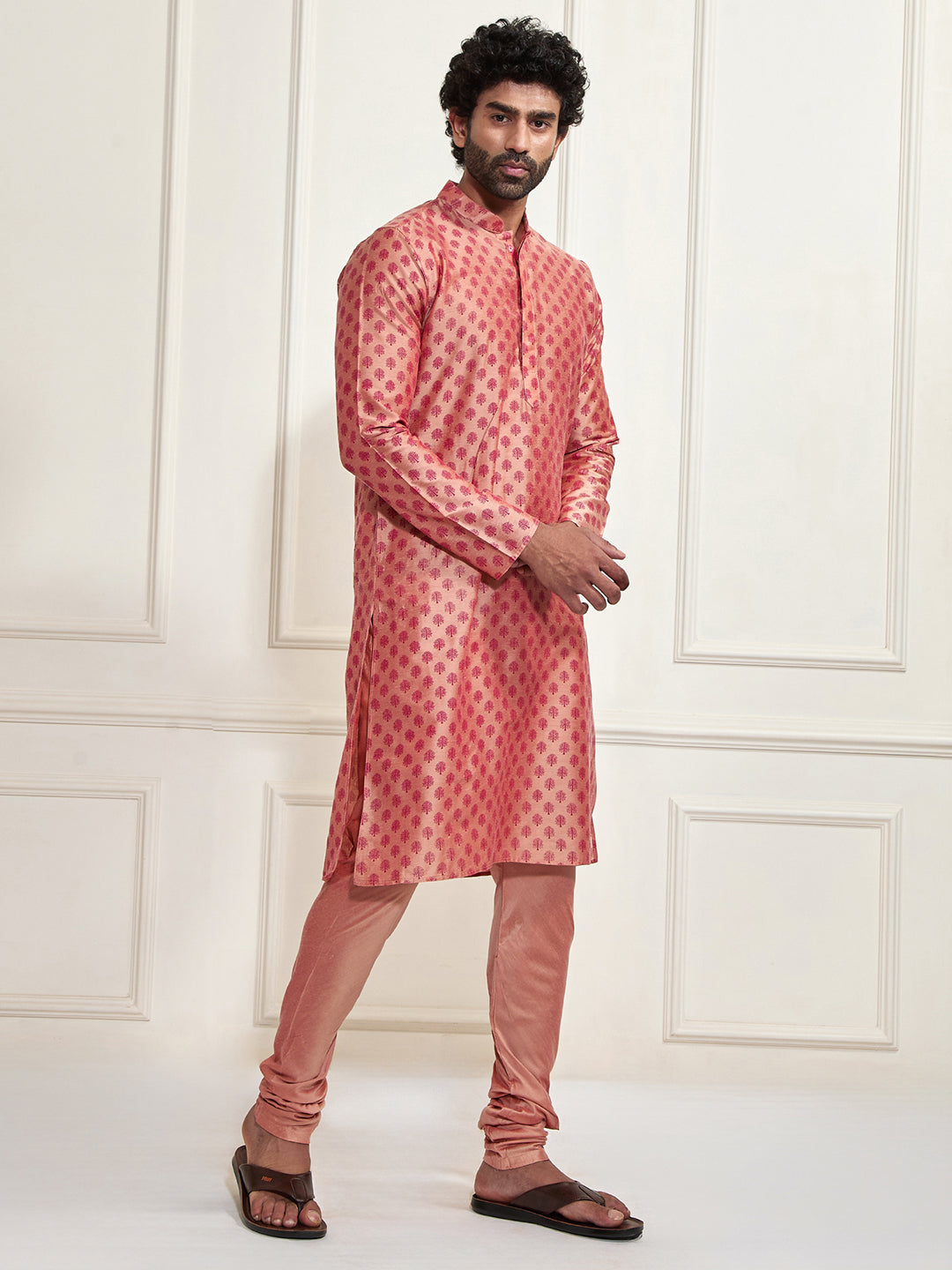 VASTRAMAY Men's Pink Cotton Silk Blend Kurta