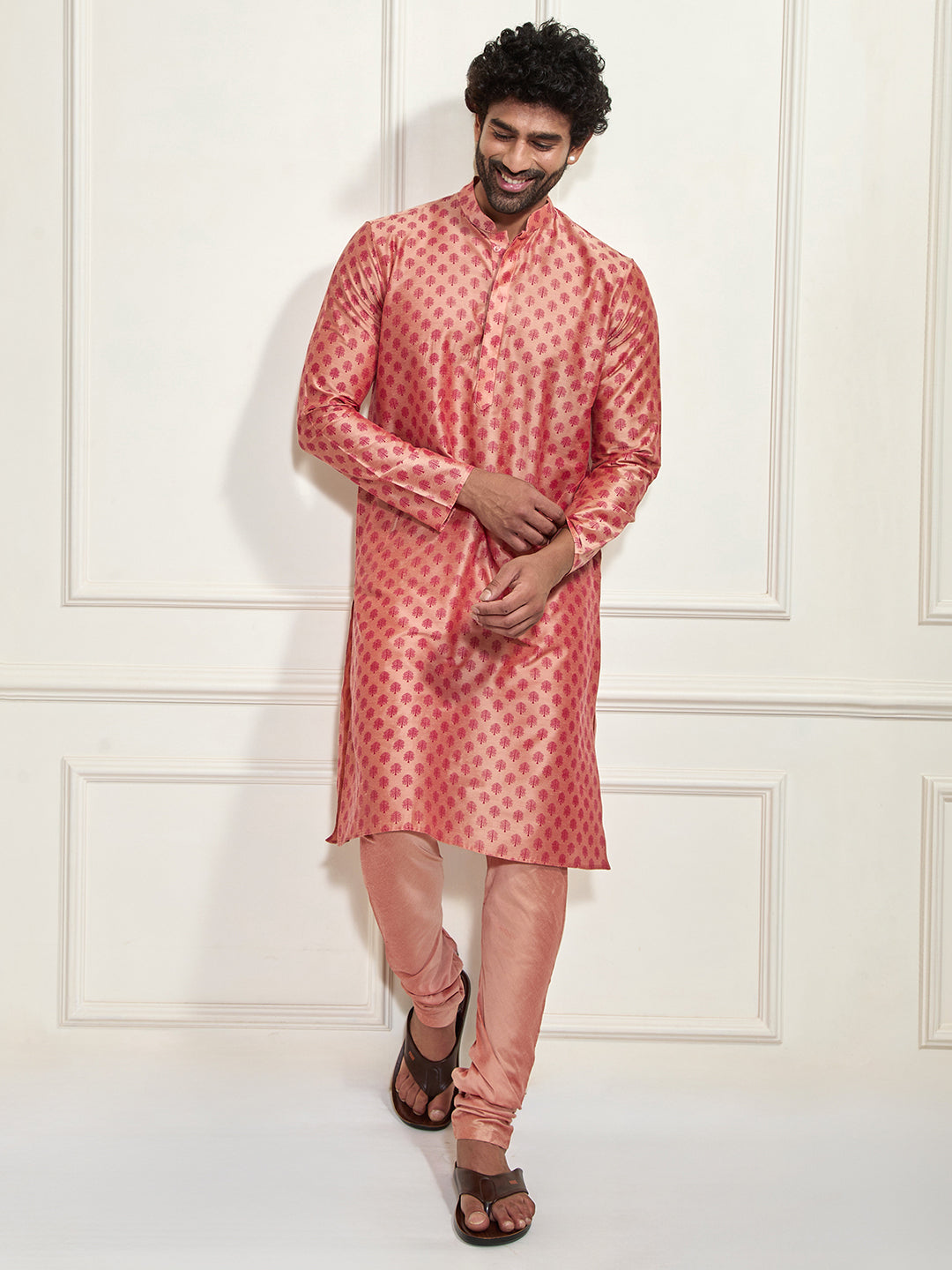 VASTRAMAY Men's Pink Cotton Silk Blend Kurta