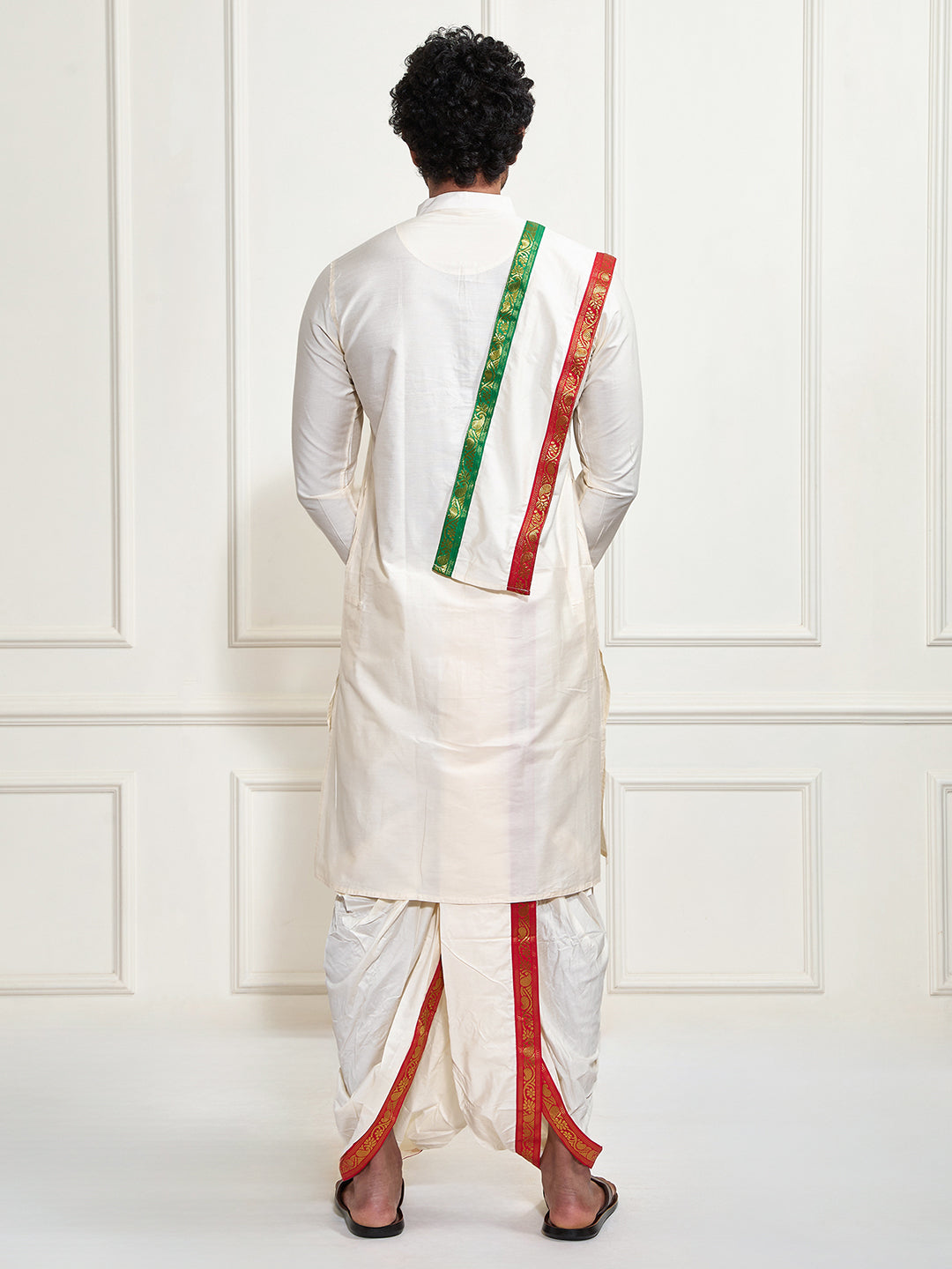 Men's Cream Cotton Blend Kurta Dhoti And Dupatta Set