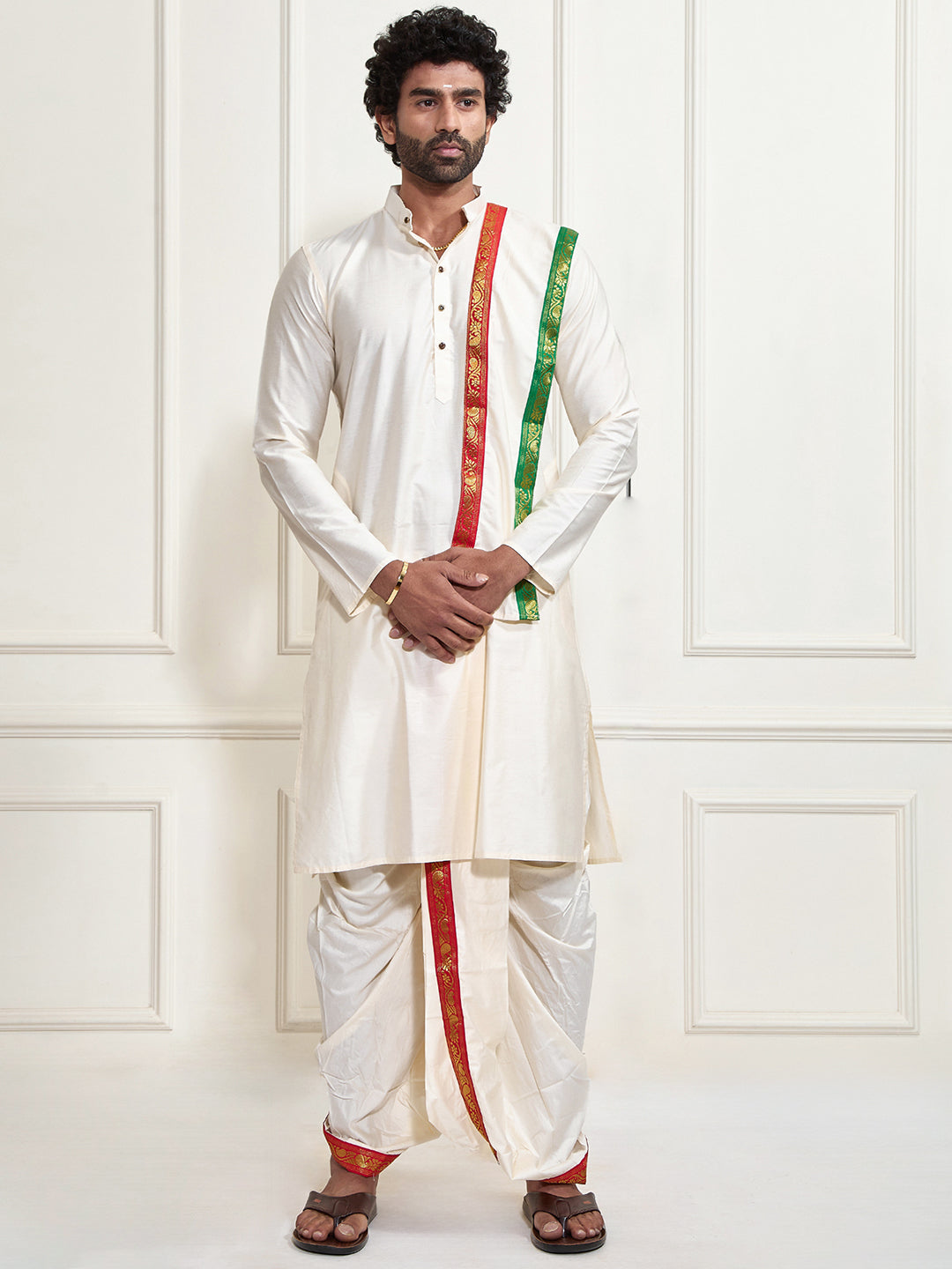 Men's Cream Cotton Blend Kurta Dhoti And Dupatta Set