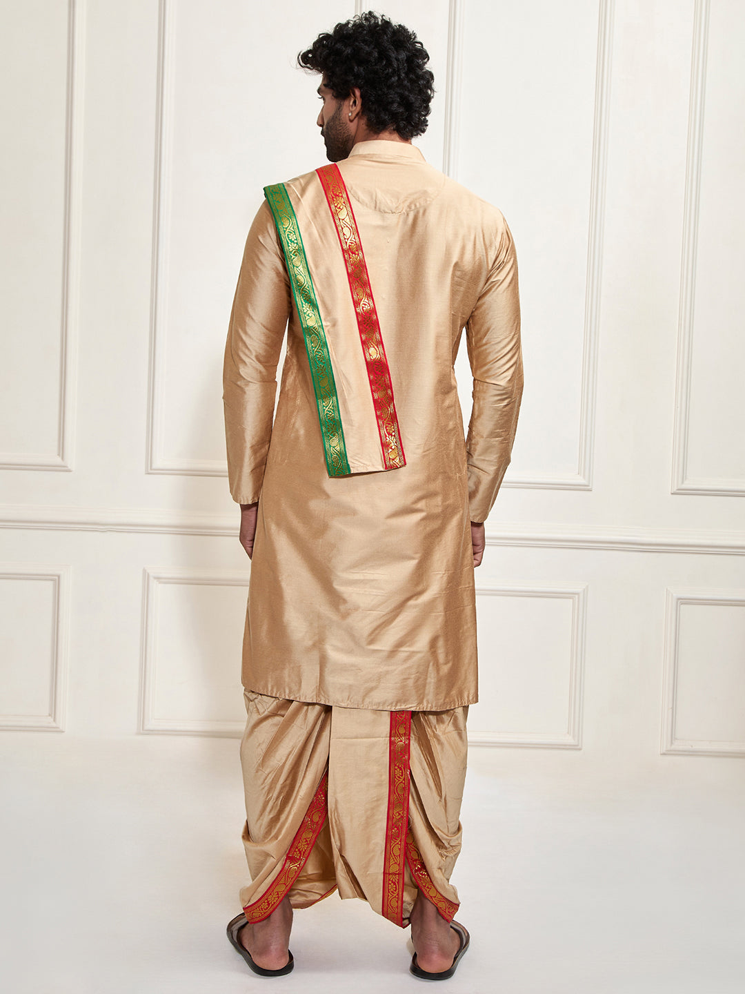Men's Rose Gold Cotton Blend Kurta Dhoti And Dupatta Set