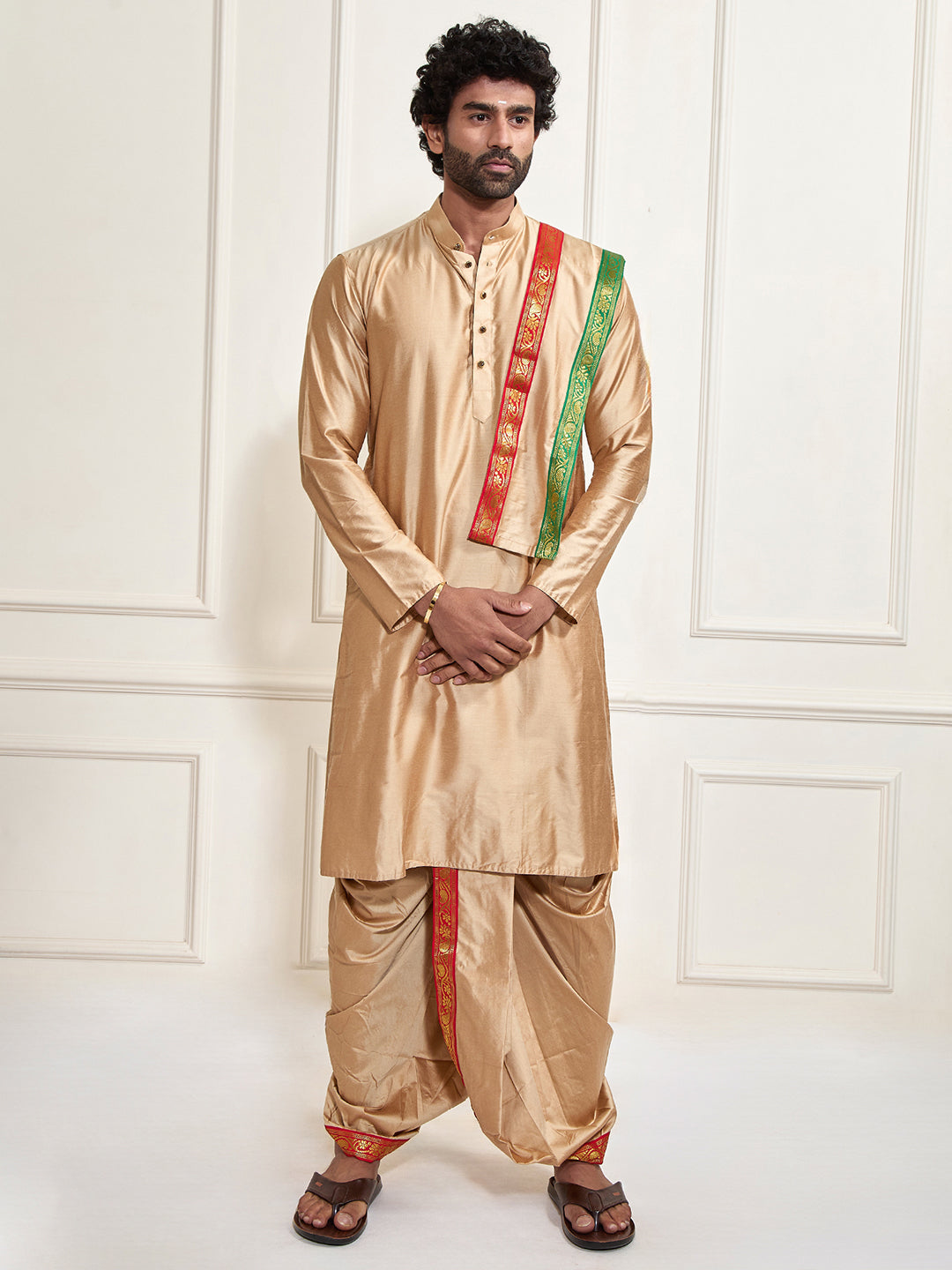 Men's Rose Gold Cotton Blend Kurta Dhoti And Dupatta Set