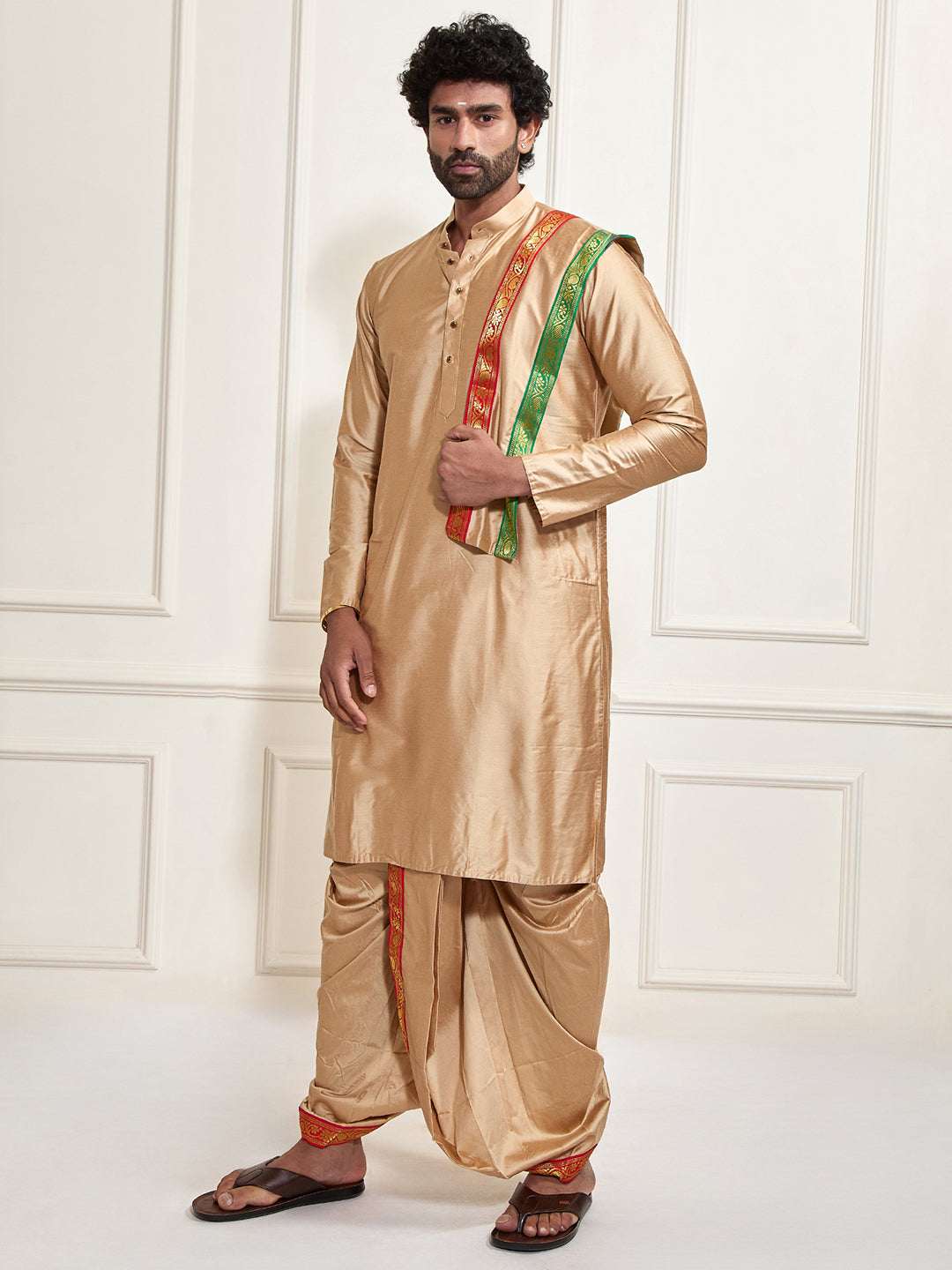 Men Rose Gold Cotton Kurta Dhoti Dupatta Set VASTRAMAY – vastramay