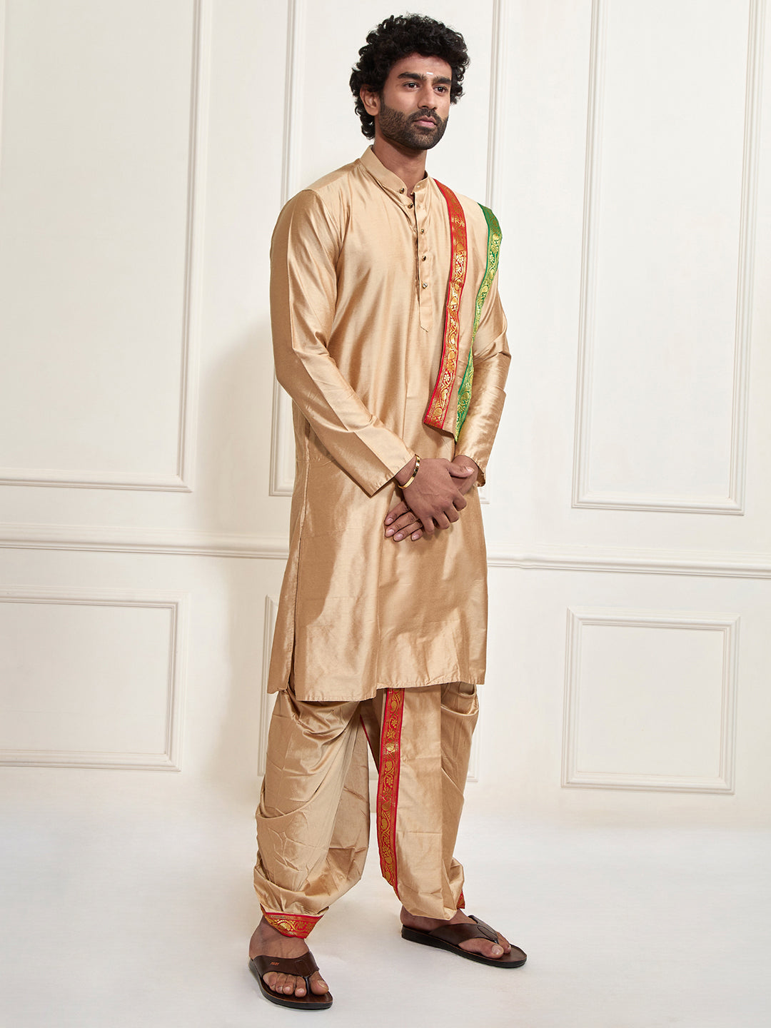 Men's Rose Gold Cotton Blend Kurta Dhoti And Dupatta Set