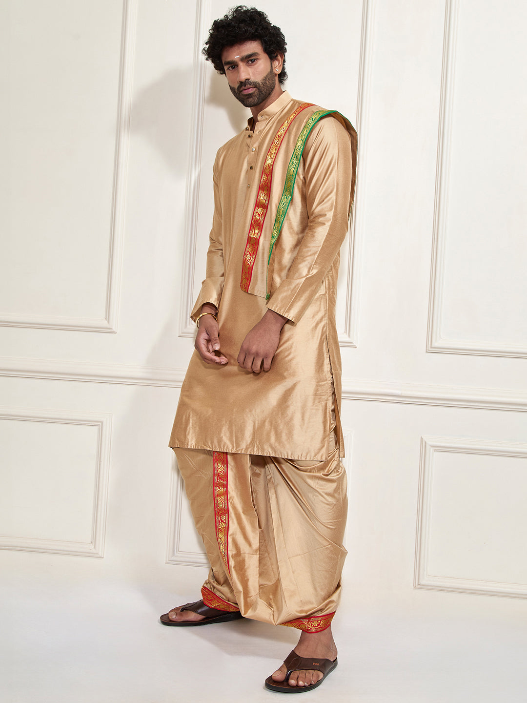 Men's Rose Gold Cotton Blend Kurta Dhoti And Dupatta Set