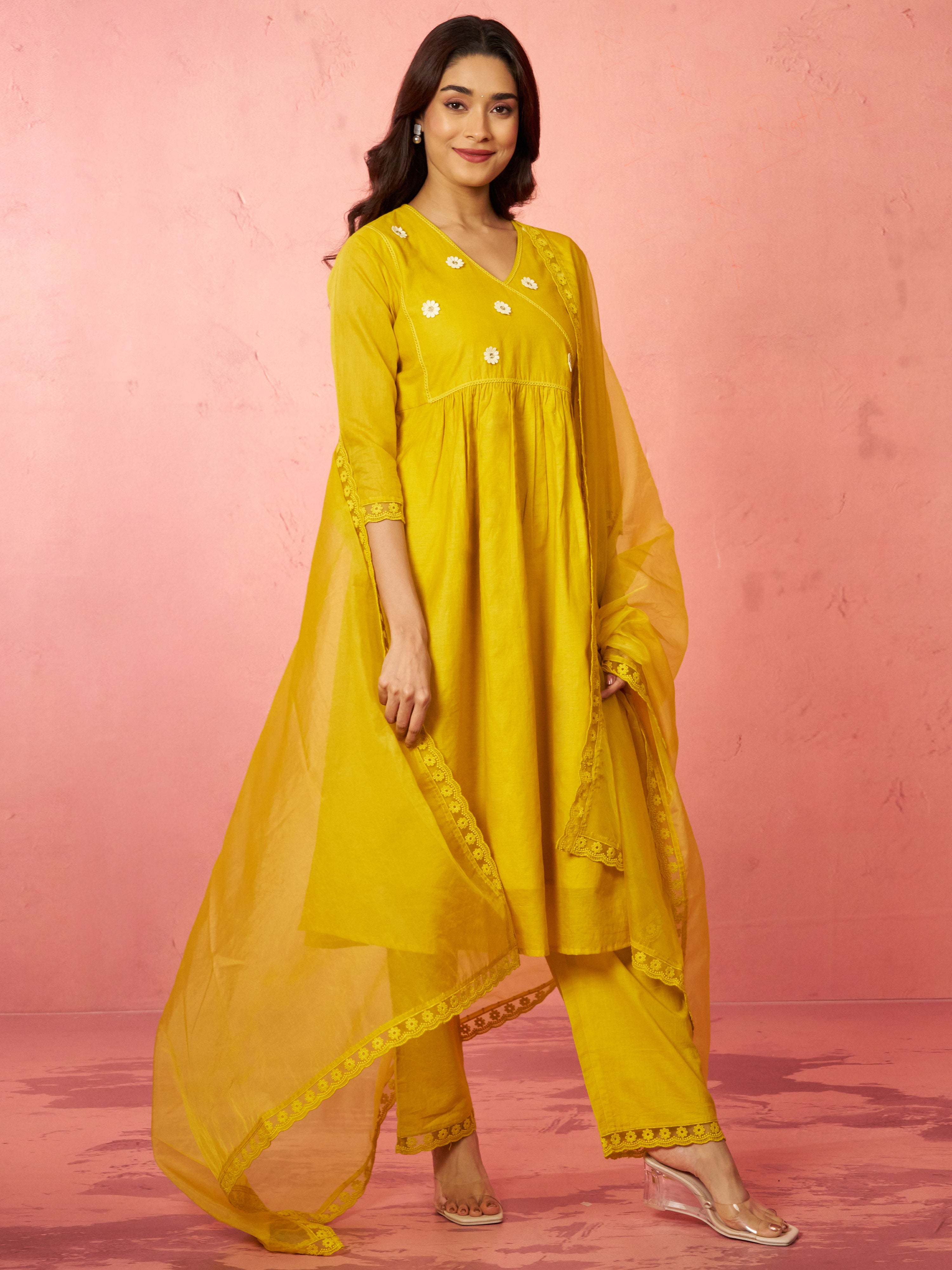 Women's Mustard Chanderi Anarkali Kurta Set
