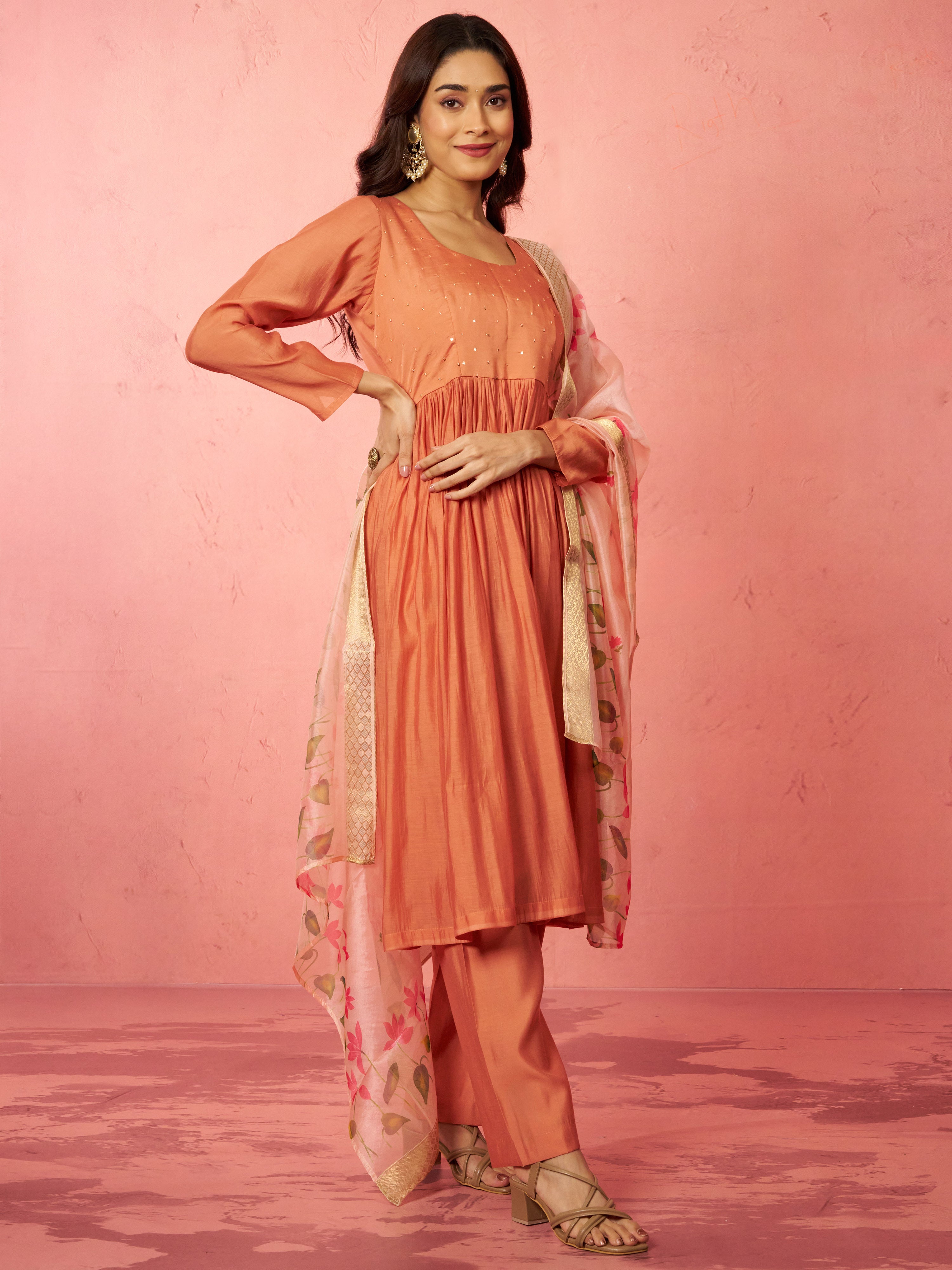 Women's Peach Silk Anarkali Kurta Set
