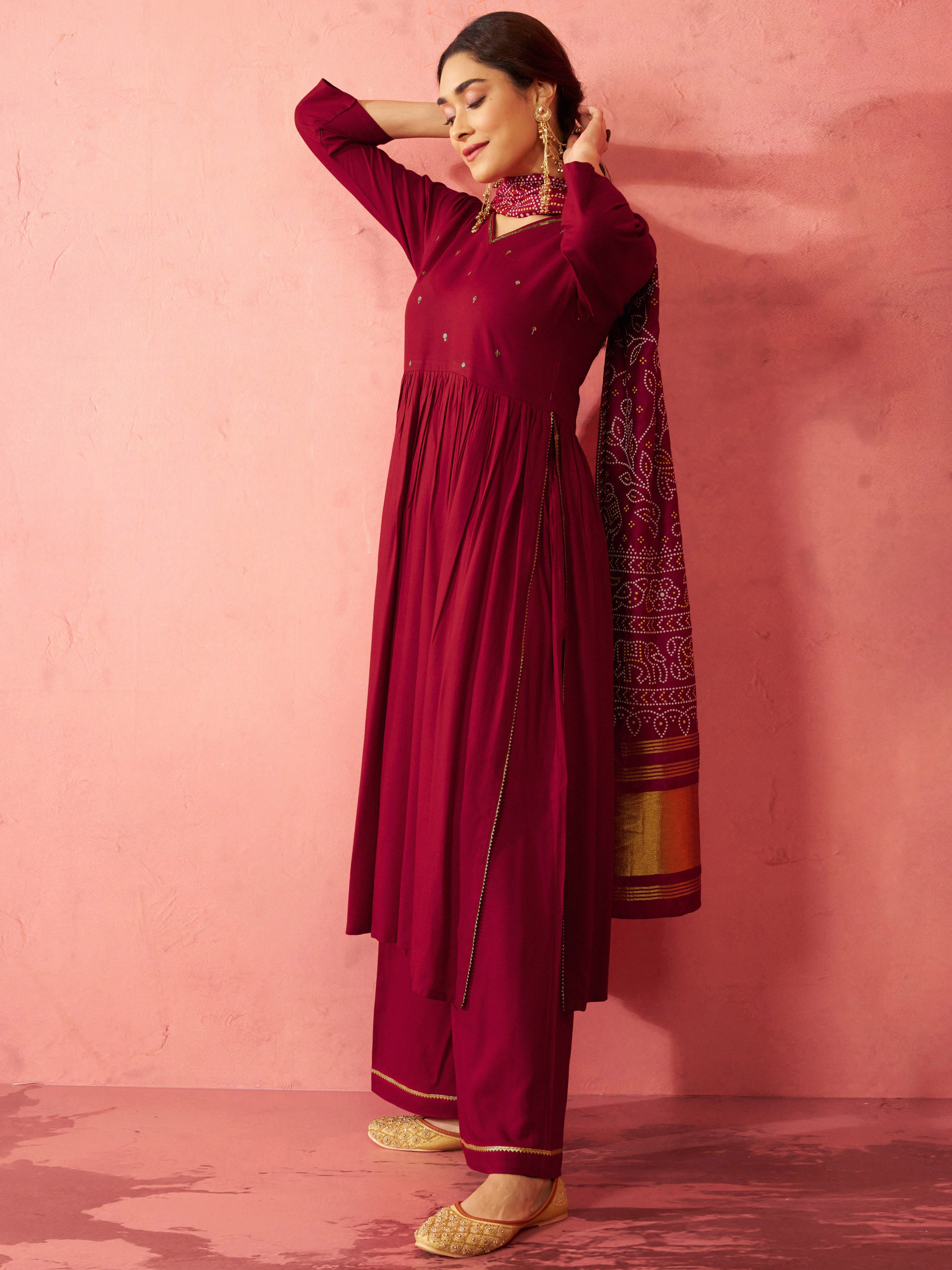 Women's Maroon Rayon Anarkali Kurta Set