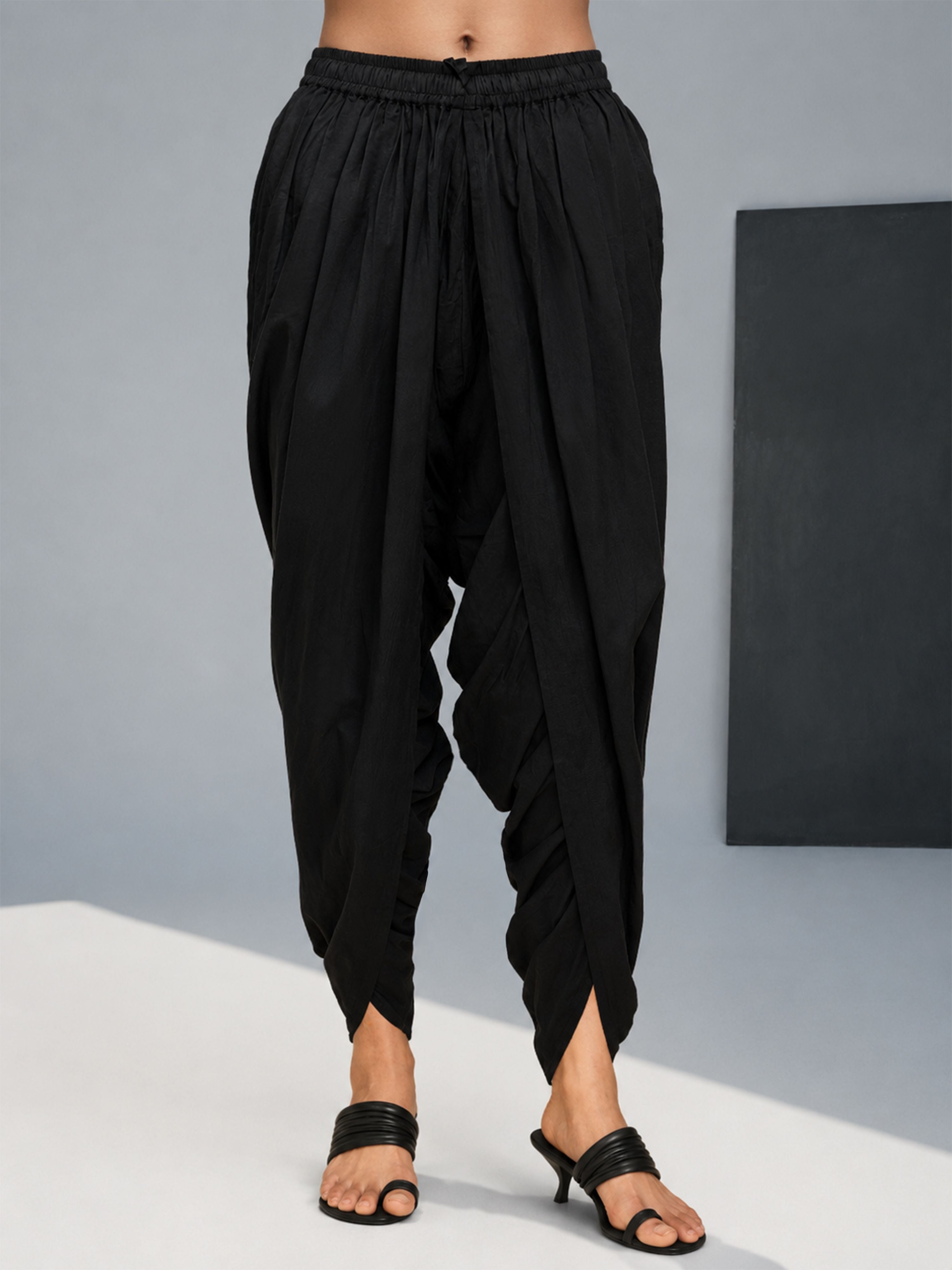 Women Black Cotton-Blend Solid Draped Dhoti Pant