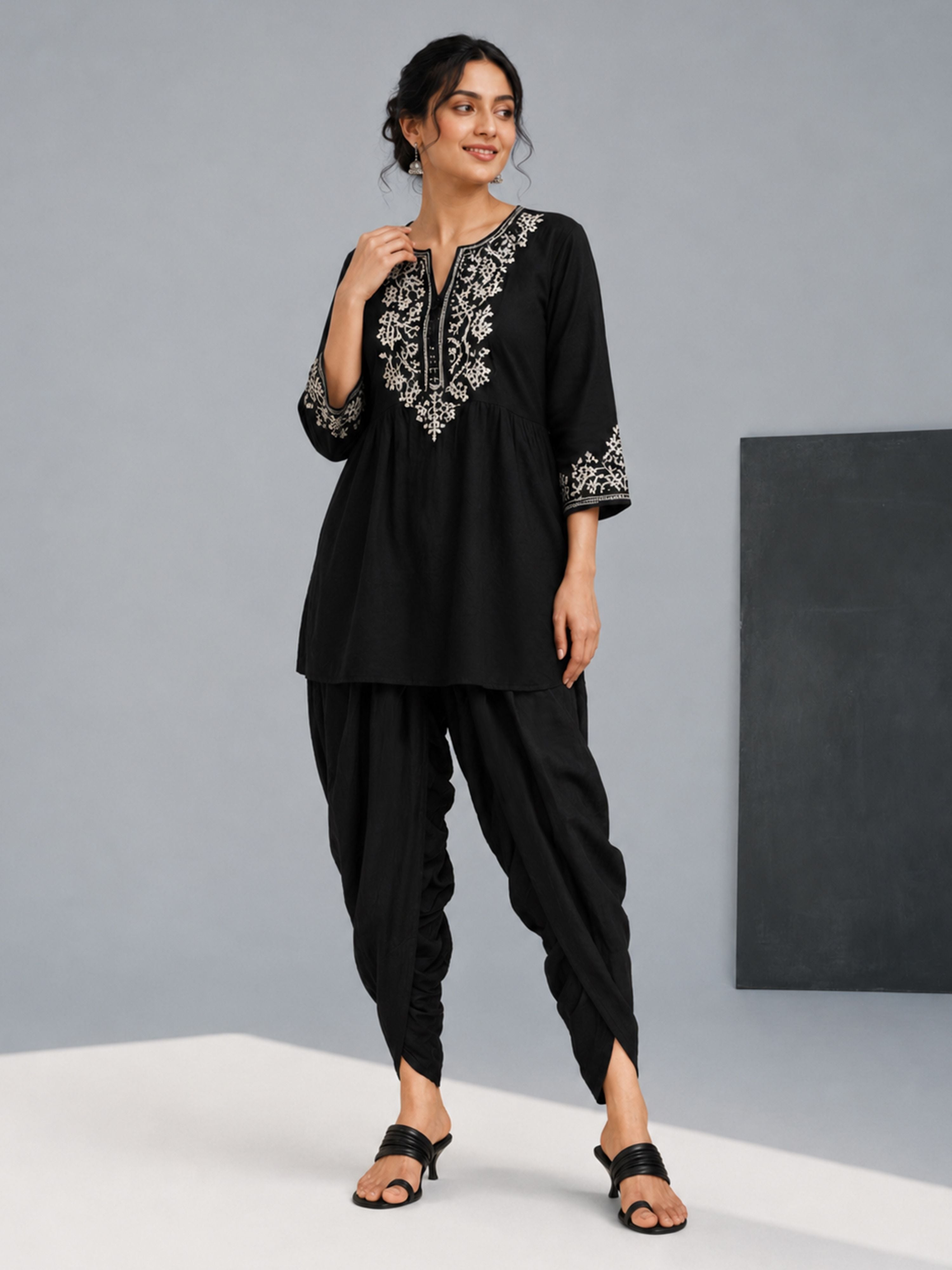 Women's Black Cotton-Blend Solid Dhoti
