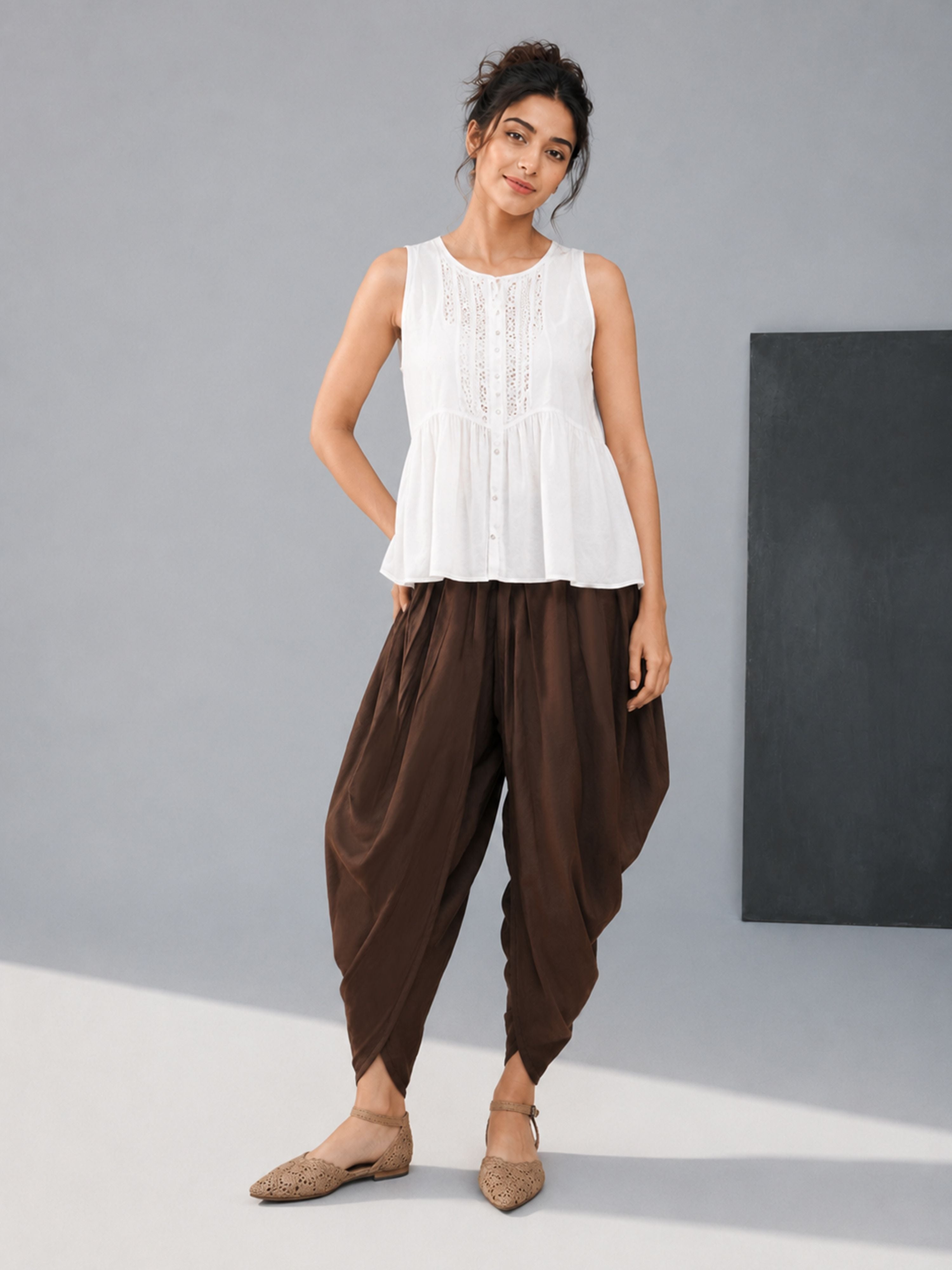 Women's Brown Cotton-Blend Solid Dhoti