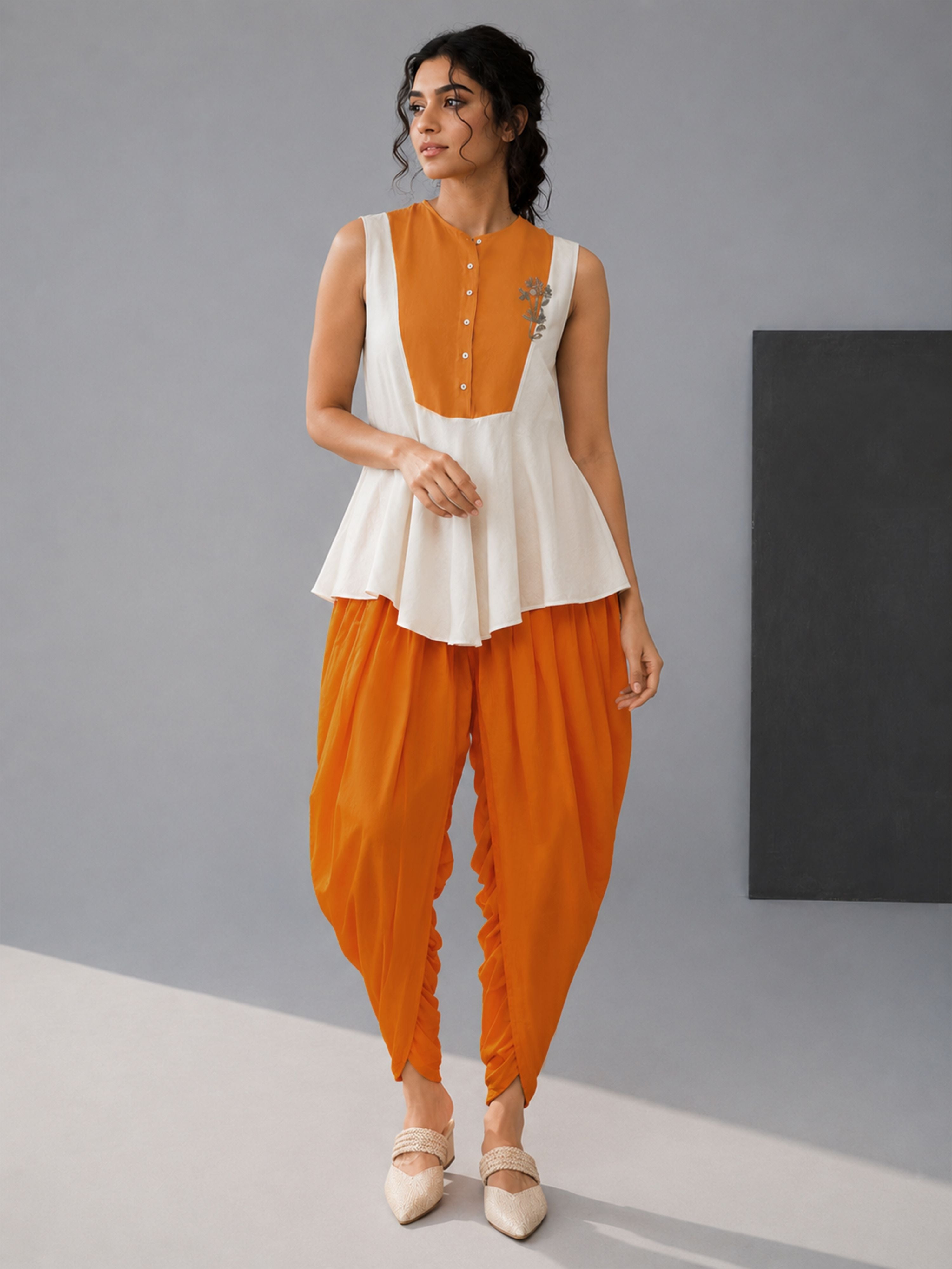 Women's Mustard Cotton-Blend Solid Dhoti