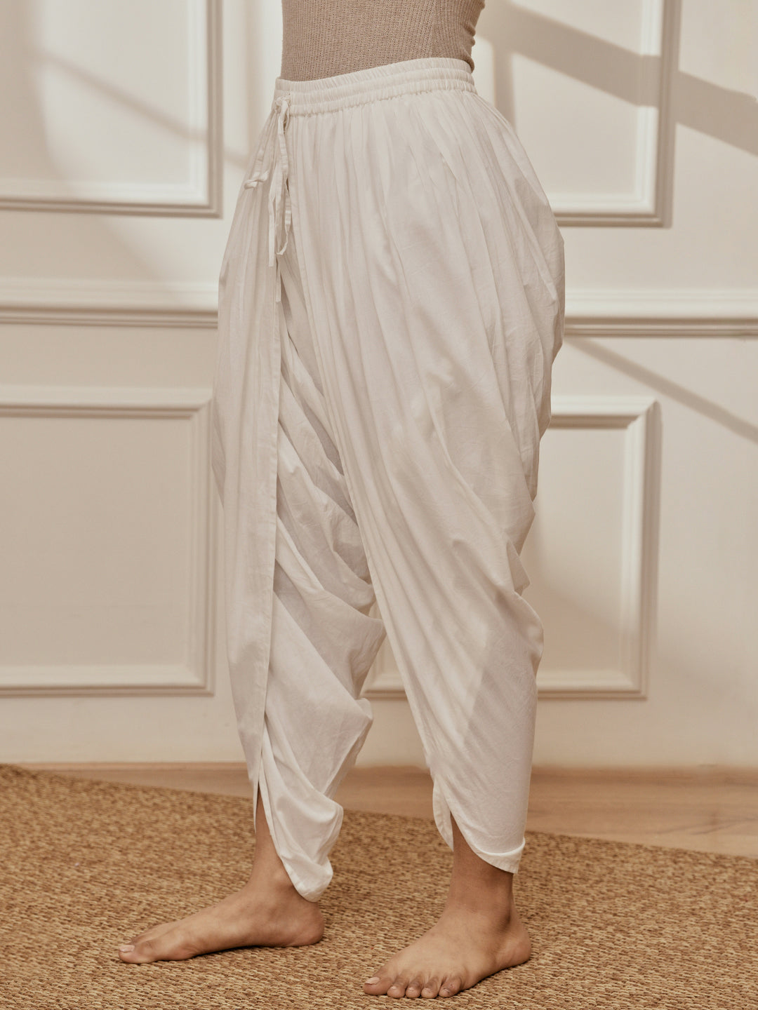 Women's White Cambric Cotton Dhoti Yoga Pants