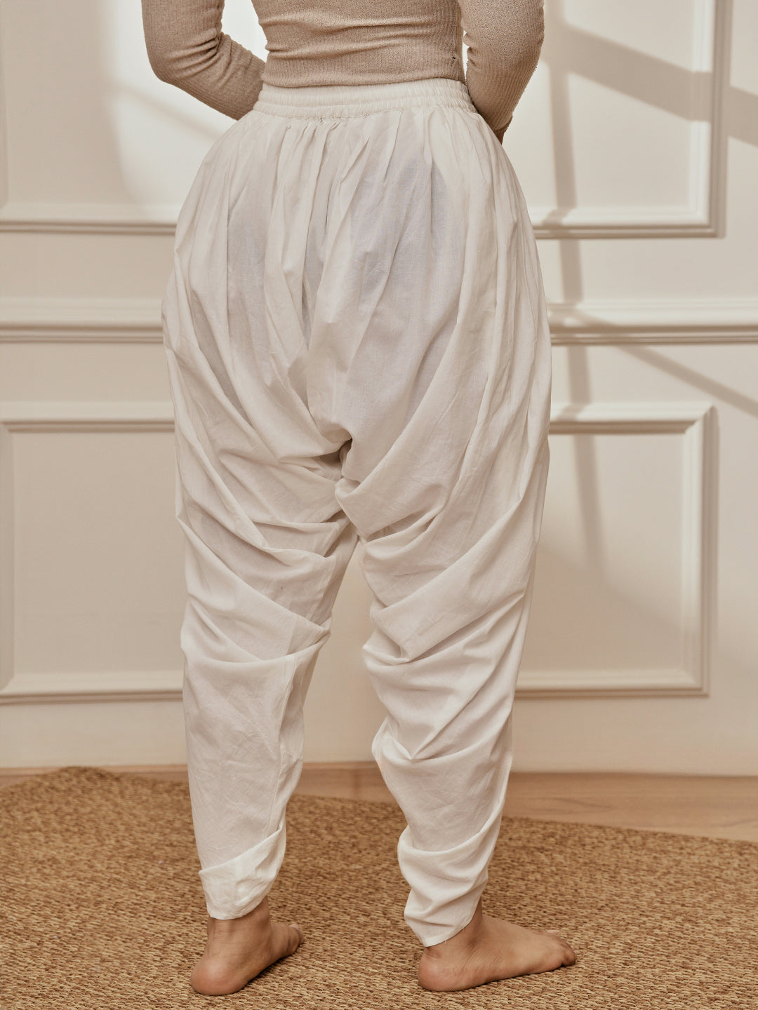 Women's White Cambric Cotton Dhoti Yoga Pants