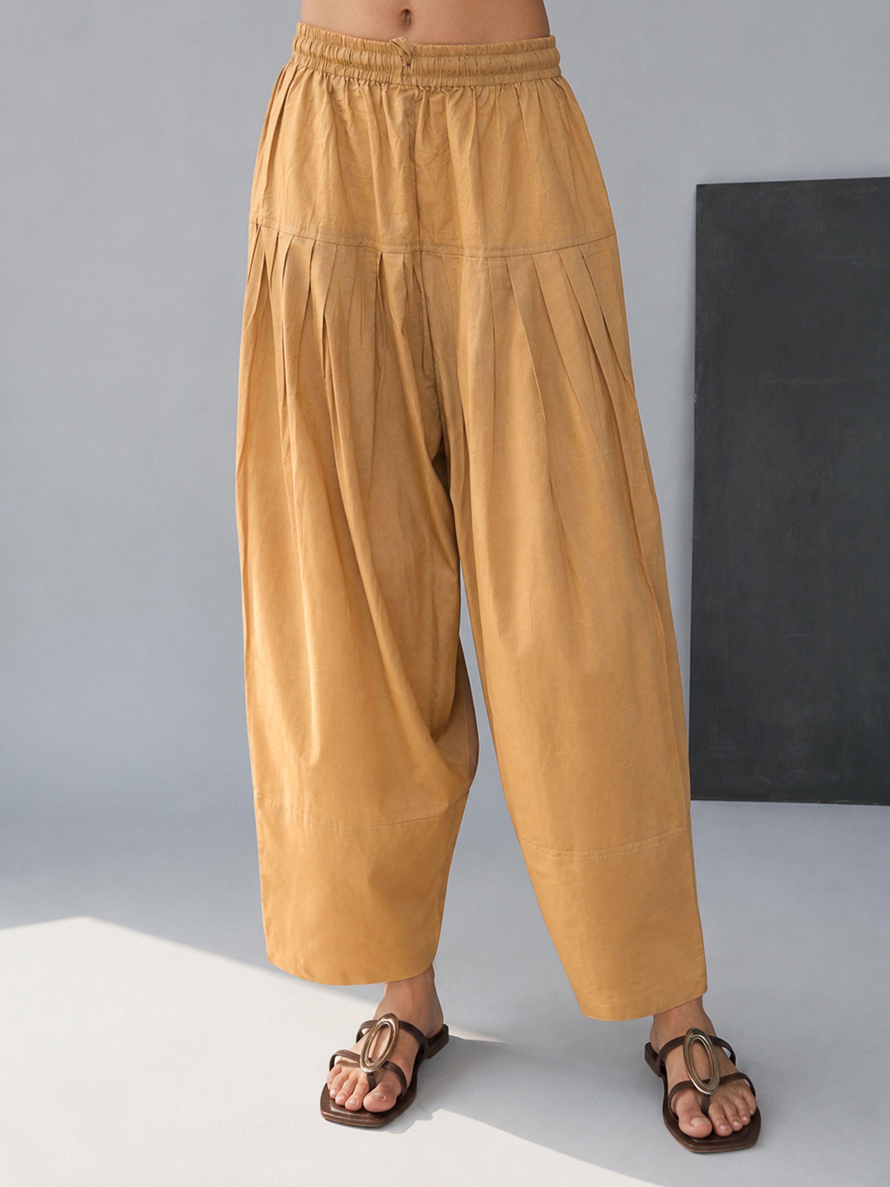 Women Beige Cotton Cambric Wide Leg Palazzo Pants