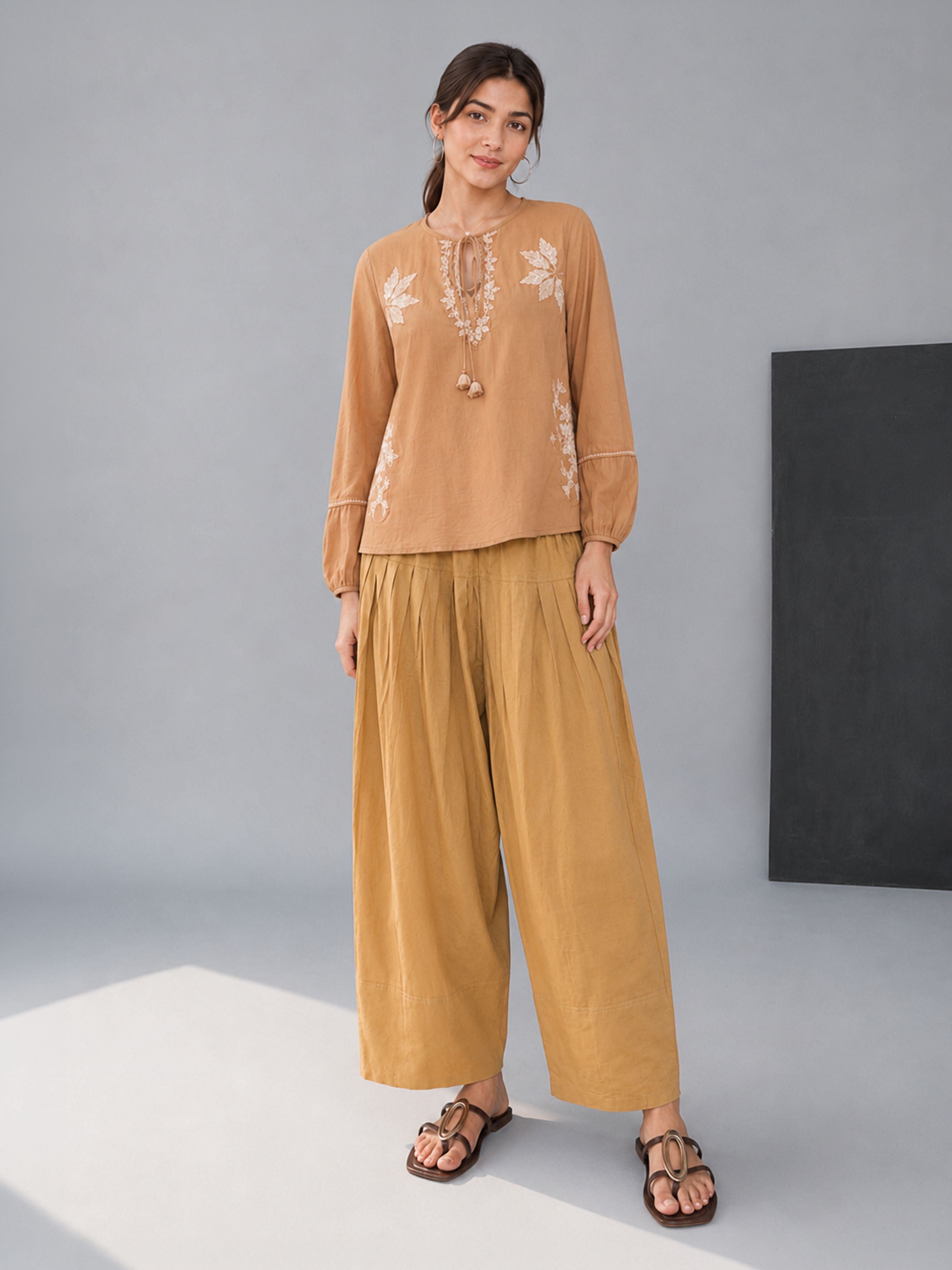 Women's Beige Cambric Cotton Solid Palazzo