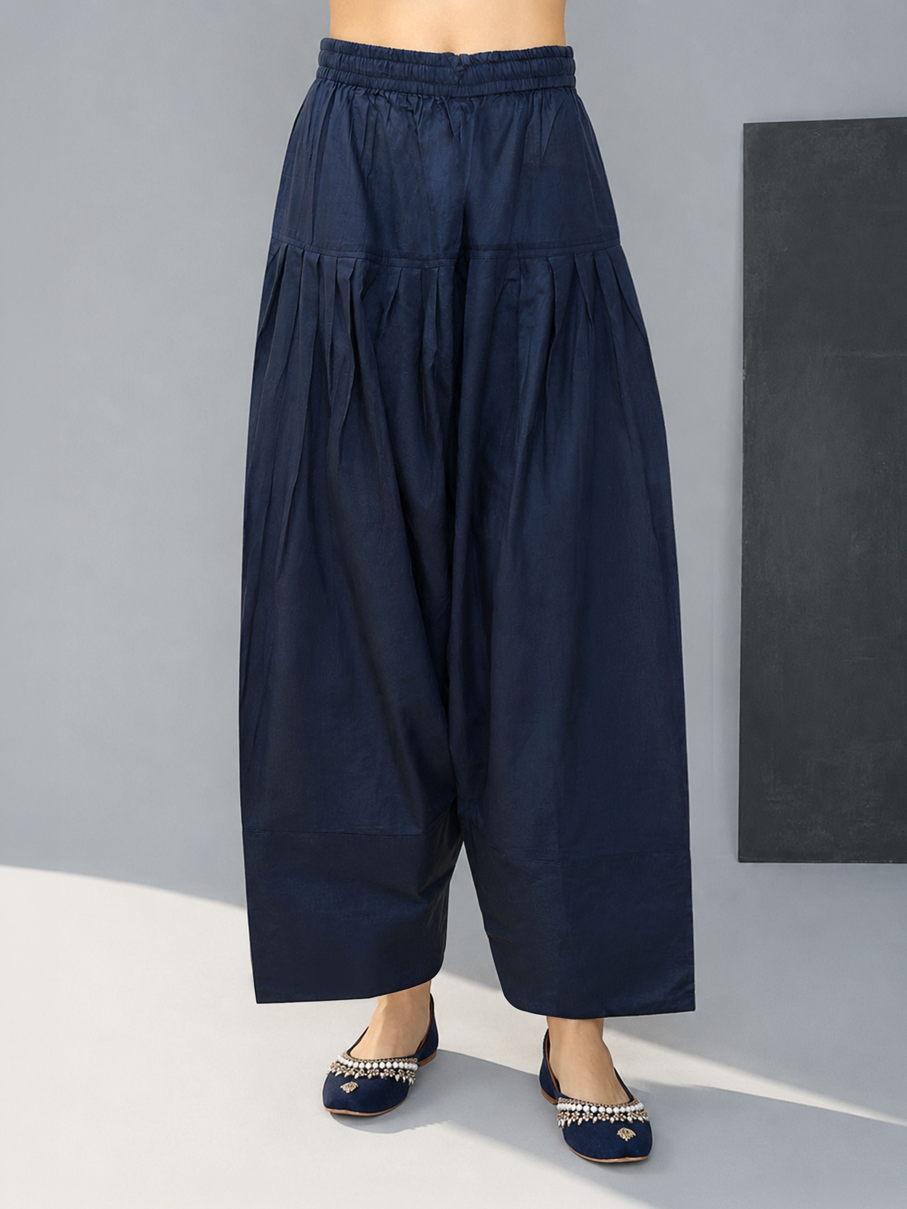 Navy Blue Cotton Cambric Wide Leg Palazzo Pants