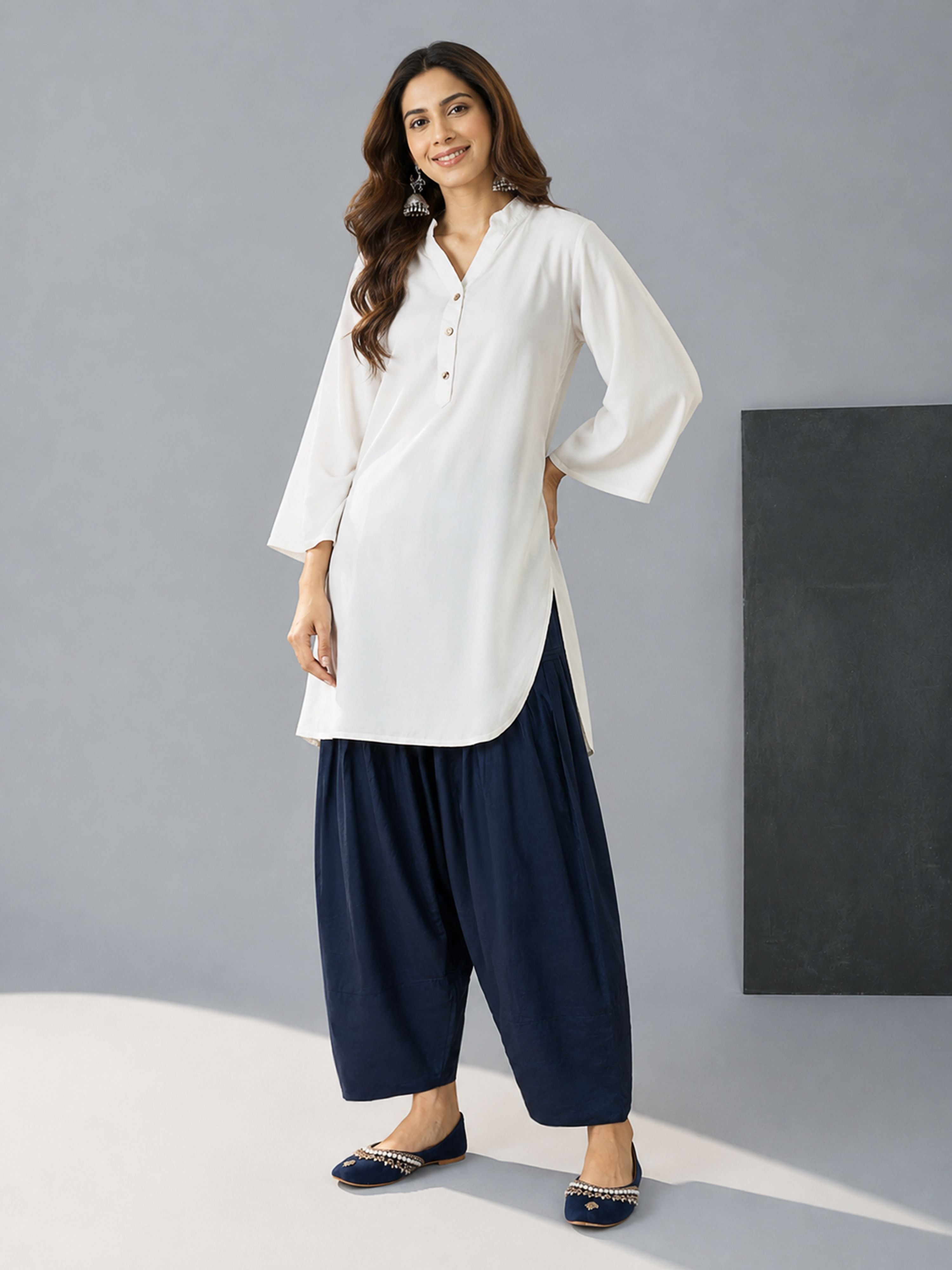 Women's Navy Blue Cambric Cotton Solid Palazzo