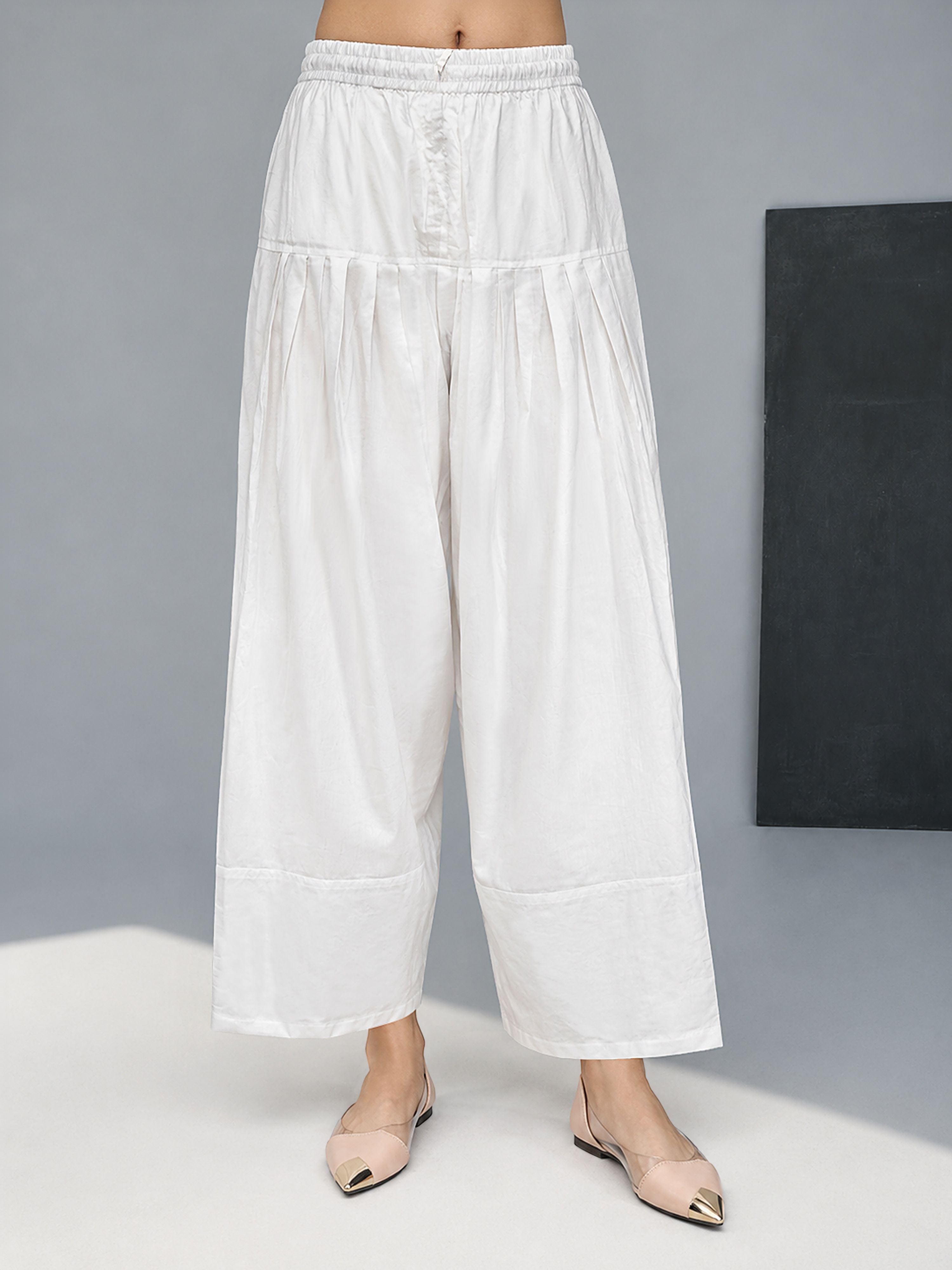 Women White Cotton Solid Palazzo Salwar with Elastic Waist