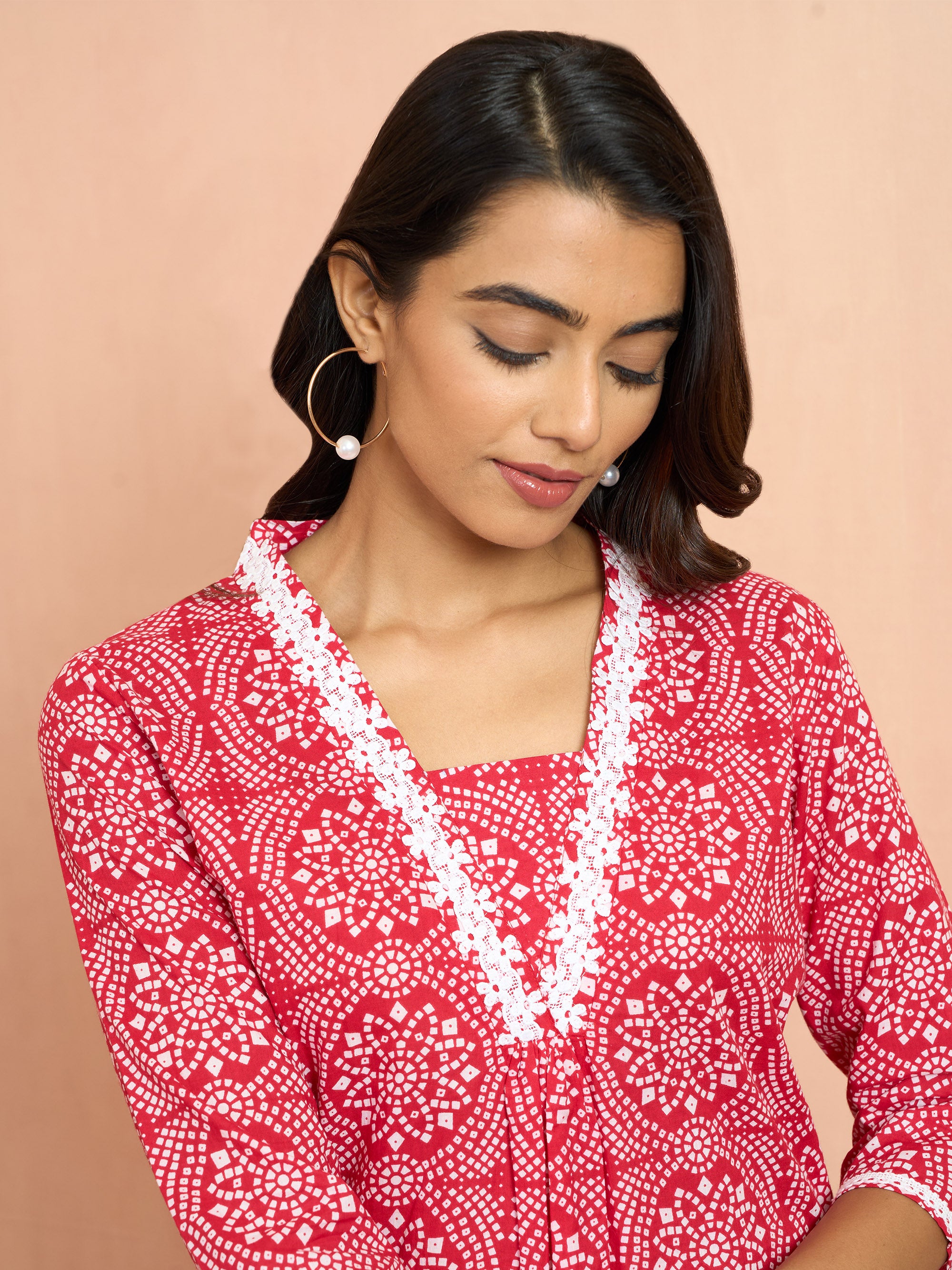 Women's Red Bandhani Print Cambric Kurta