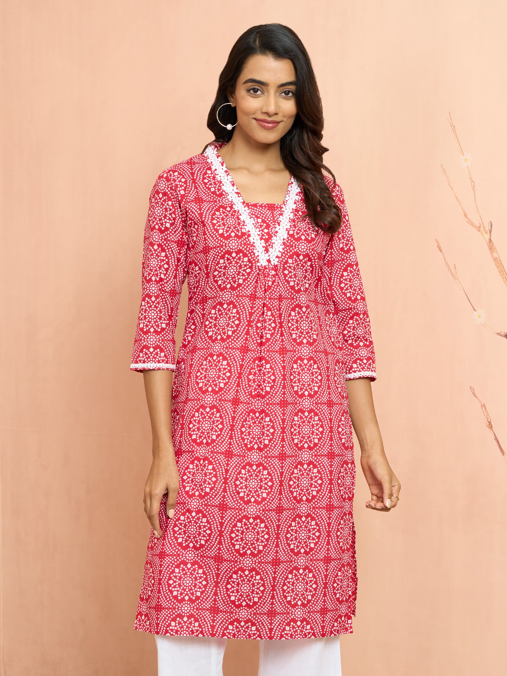 Women's Red Bandhani Print Cambric Kurta