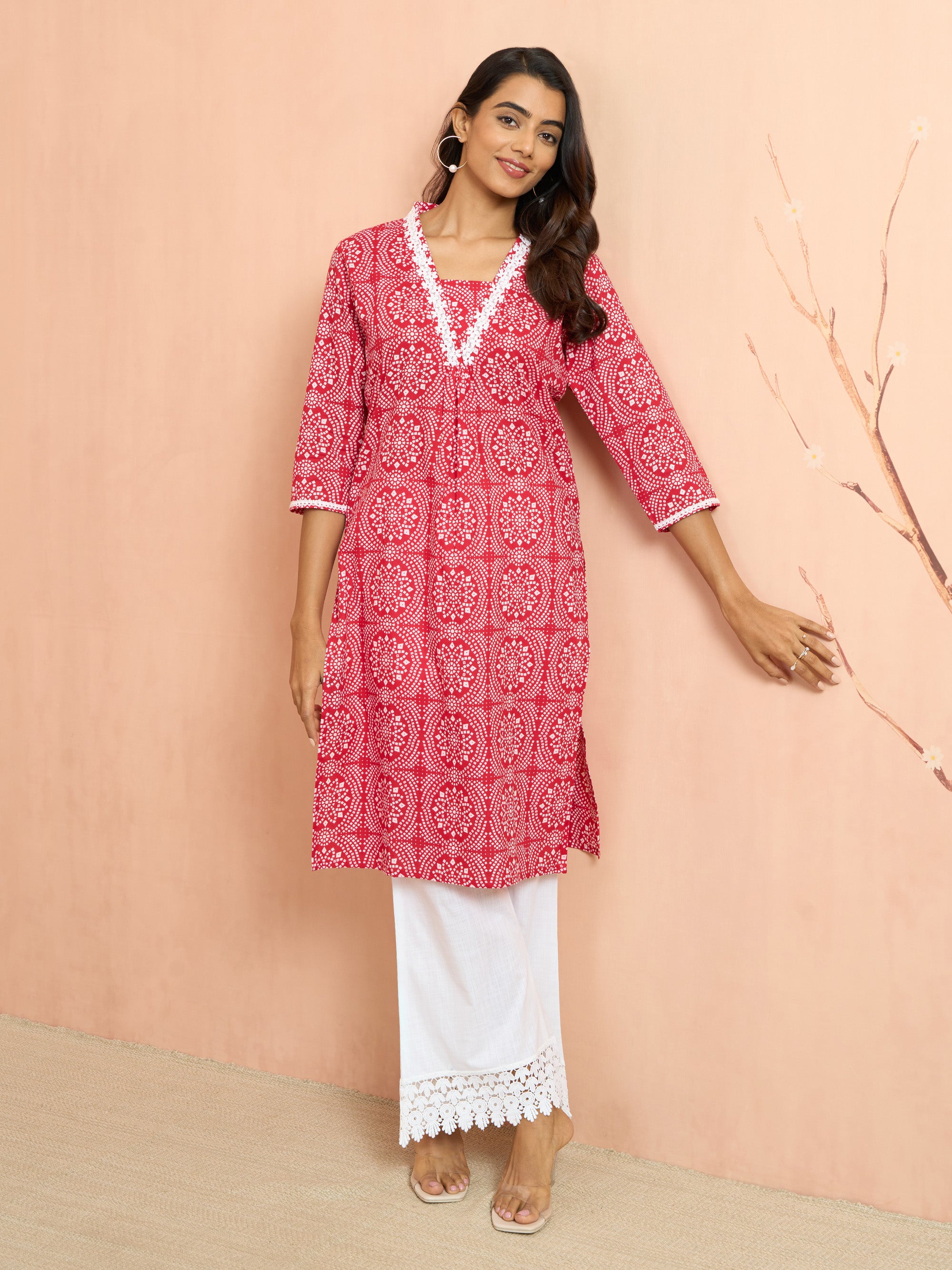Women's Red Bandhani Print Cambric Kurta