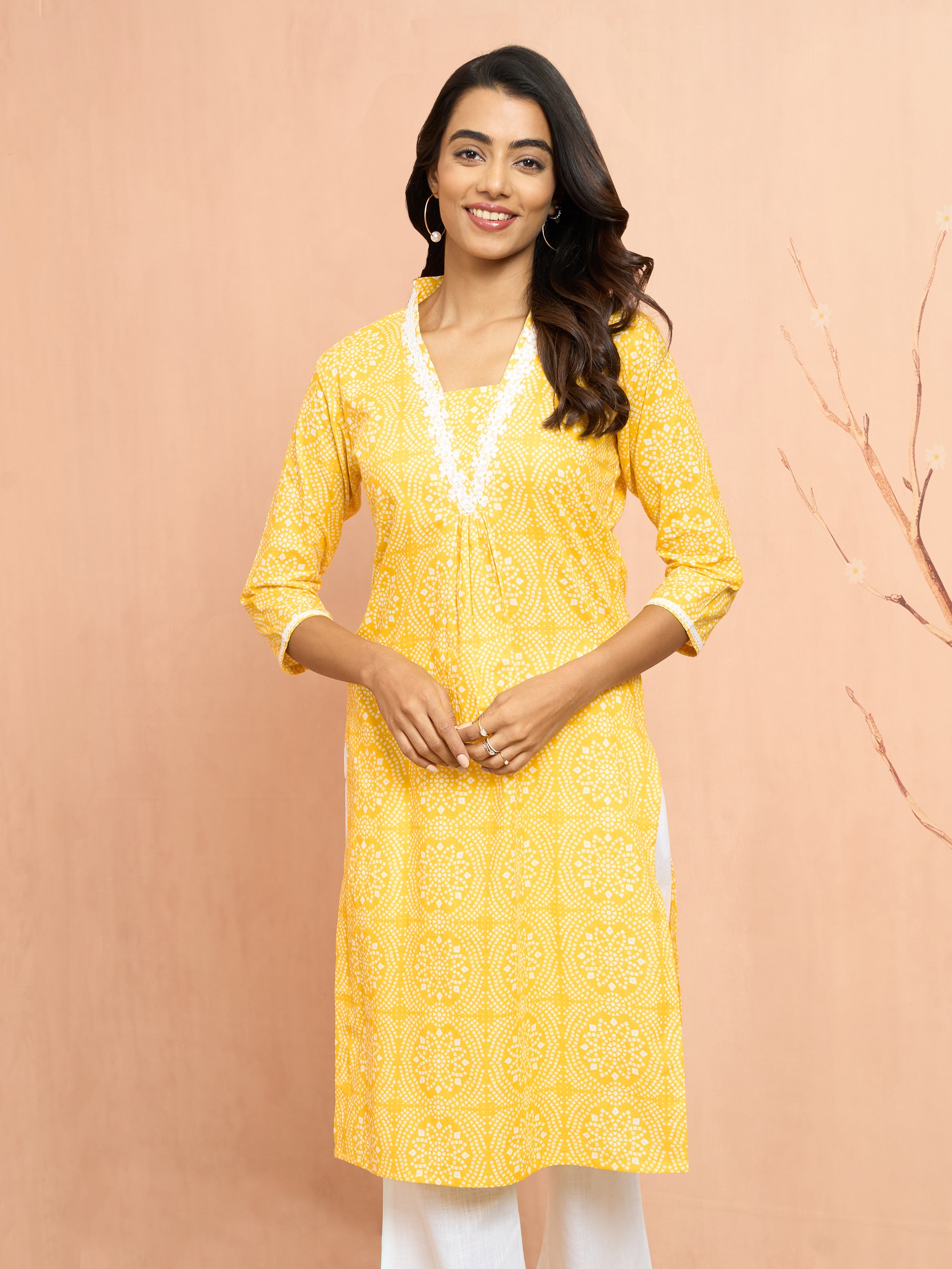 Women's Yellow Bandhani Print Cambric Kurta