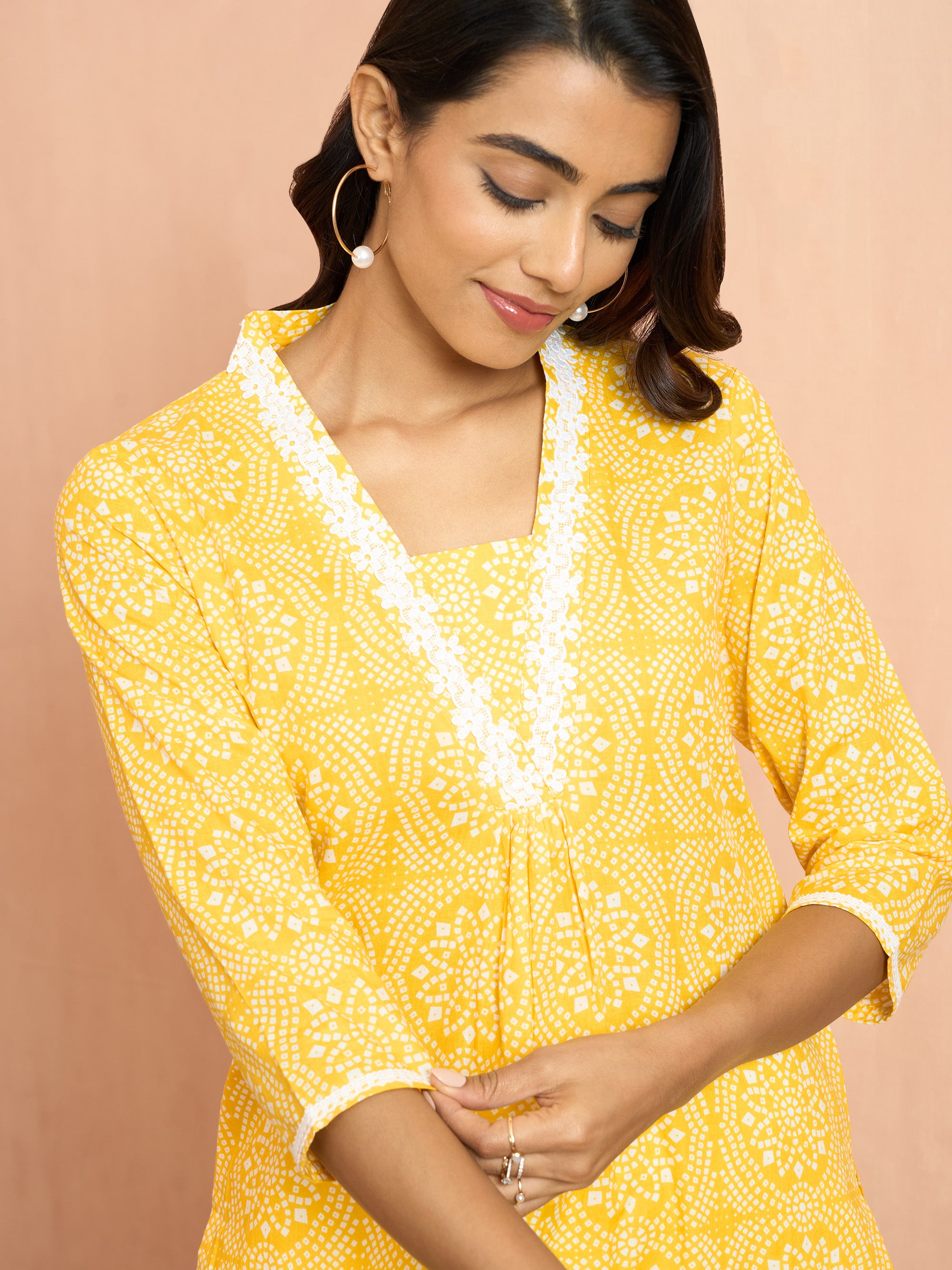 Women's Yellow Bandhani Print Cambric Kurta