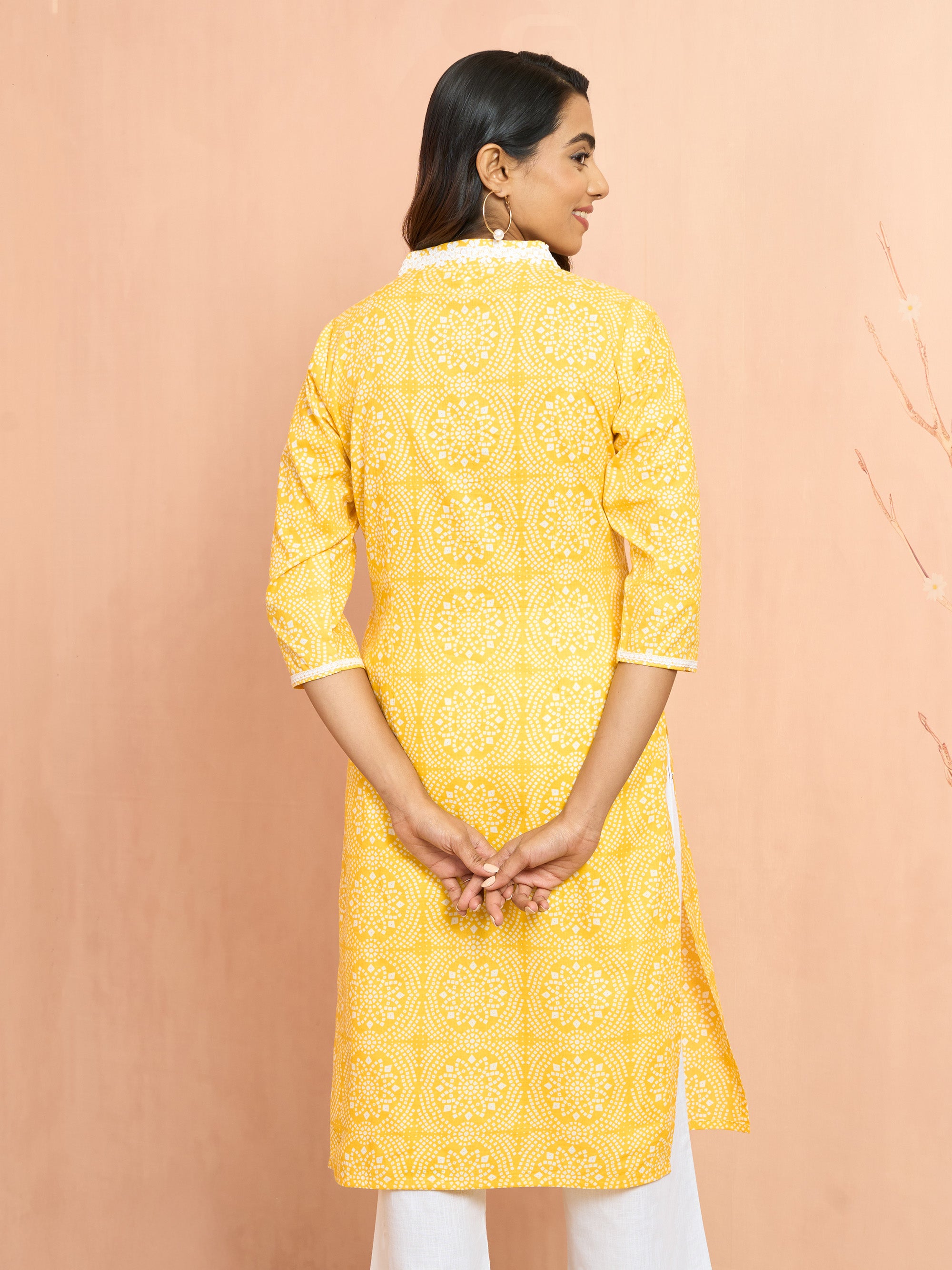 Women's Yellow Bandhani Print Cambric Kurta