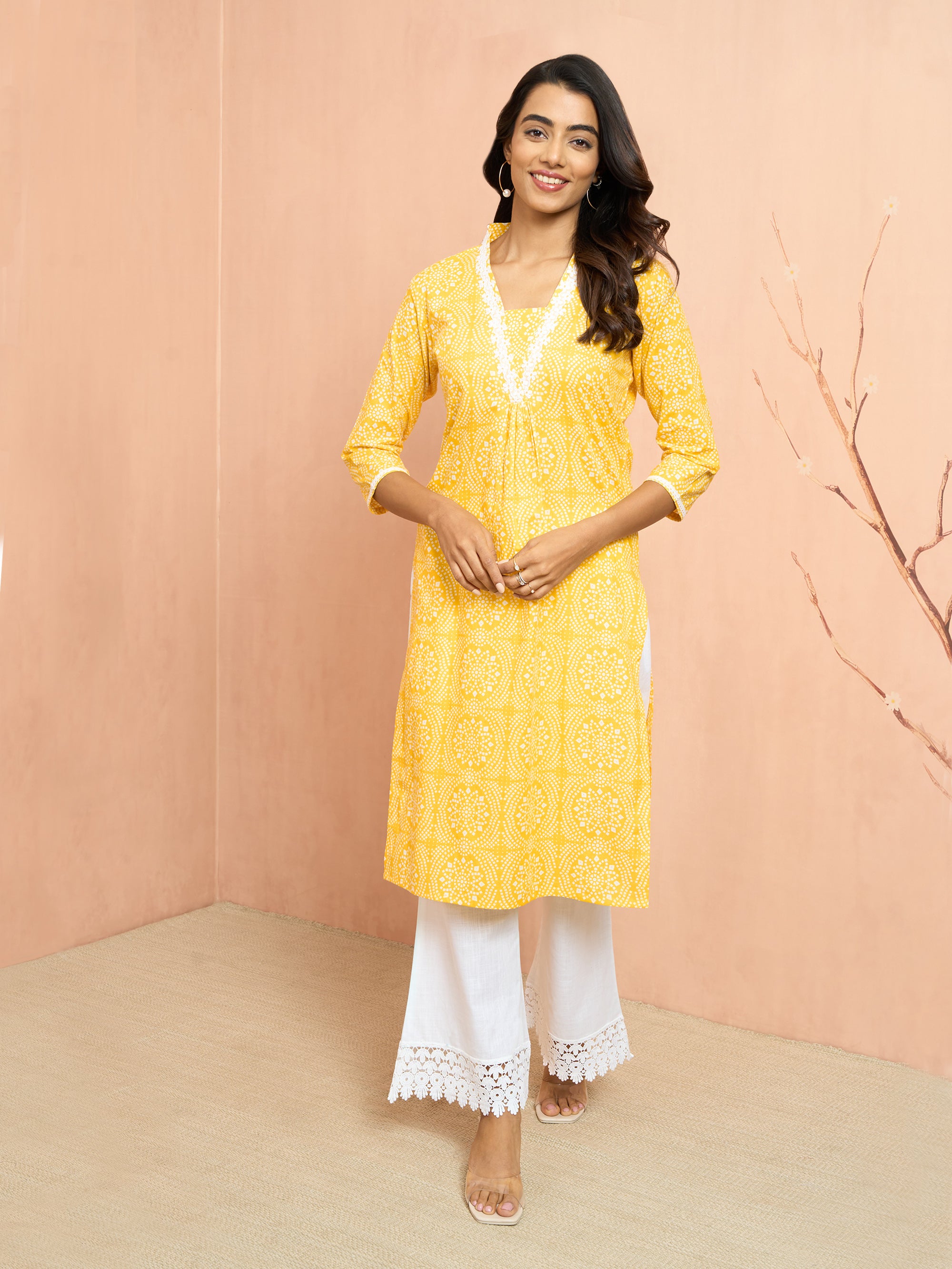 Women's Yellow Bandhani Print Cambric Kurta