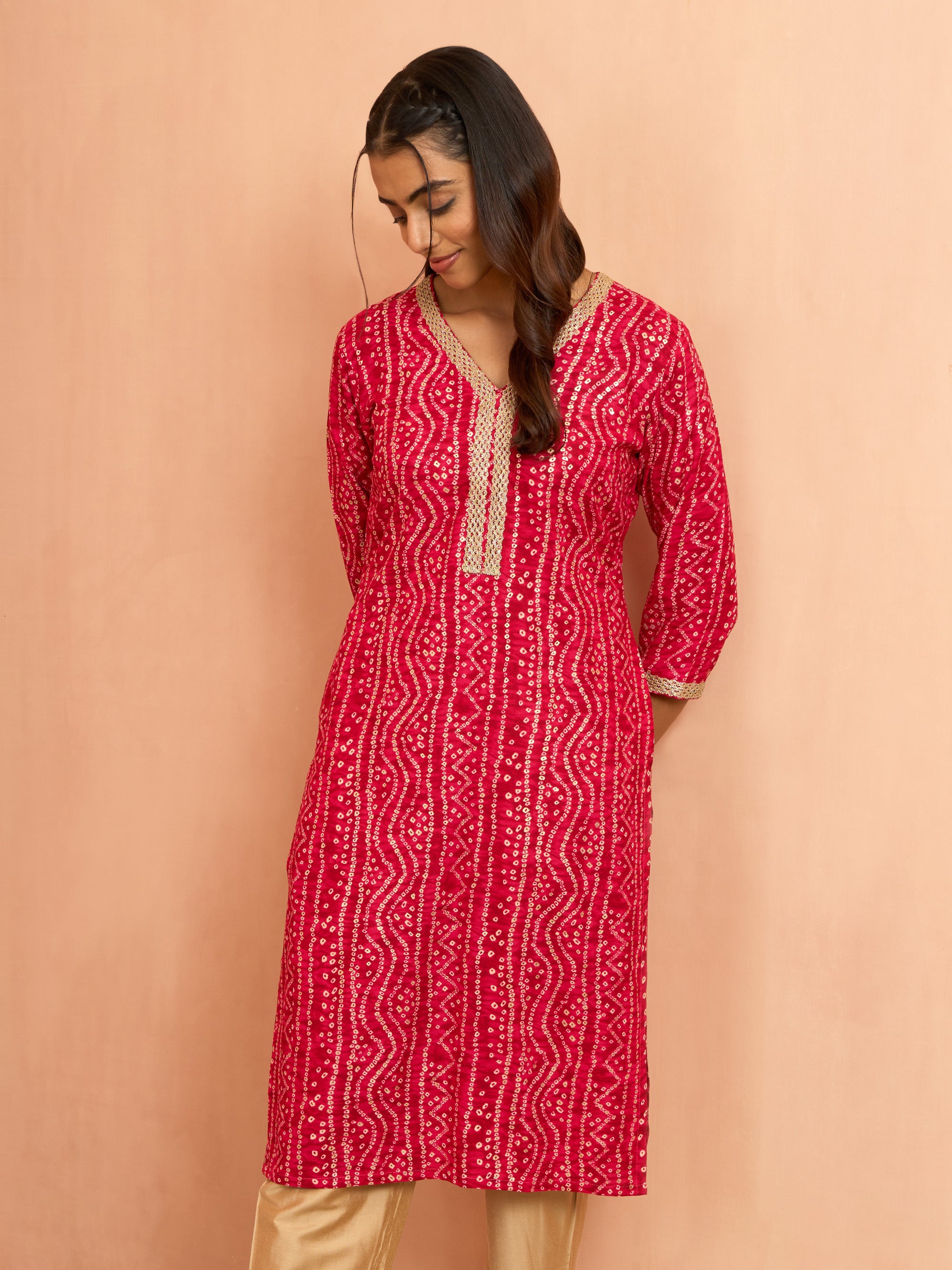 Women's Falsa Bandhani Foil Print Rayon Kurta
