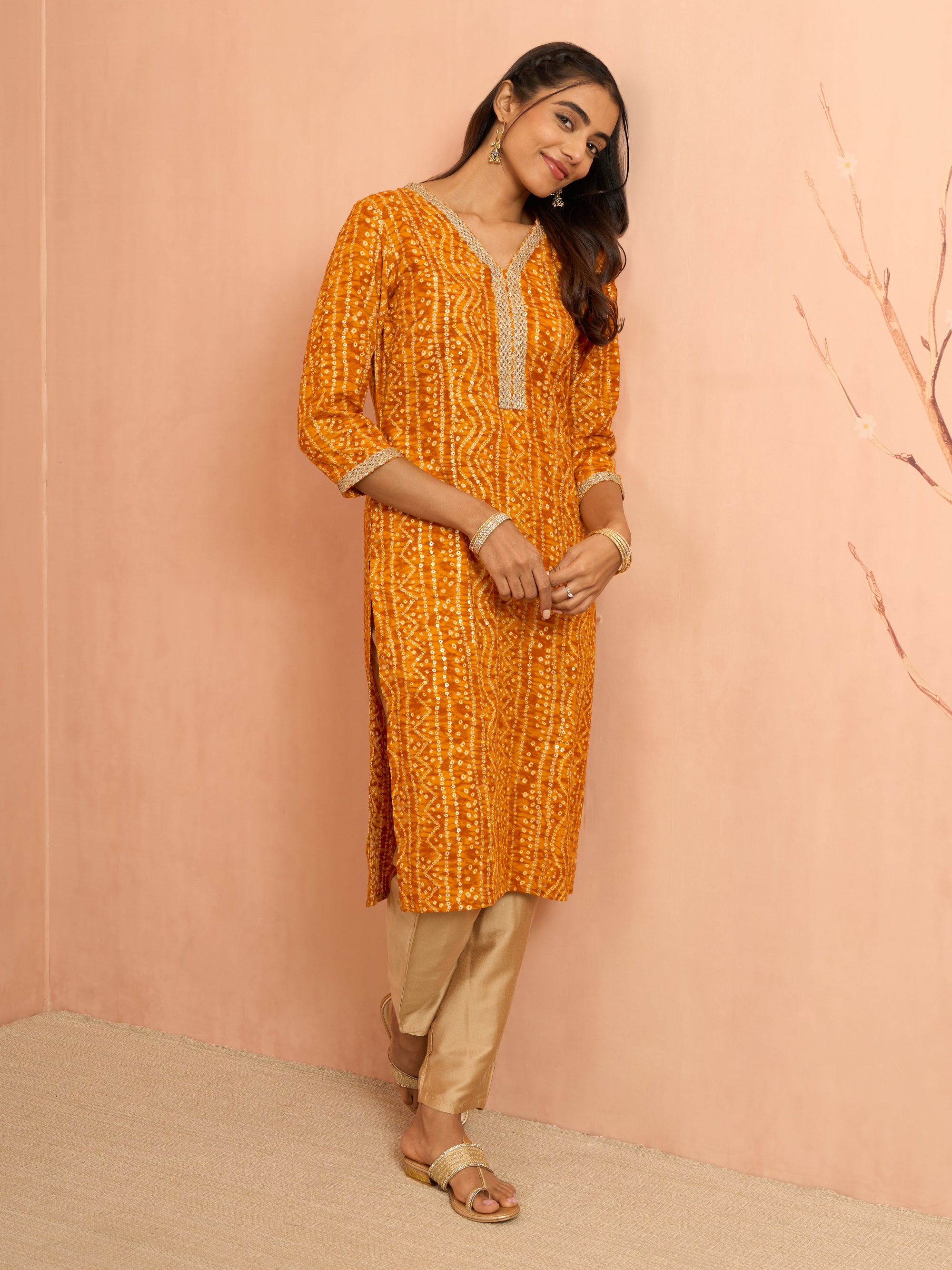 Women's Mustard Bandhani Foil Print Rayon Kurta