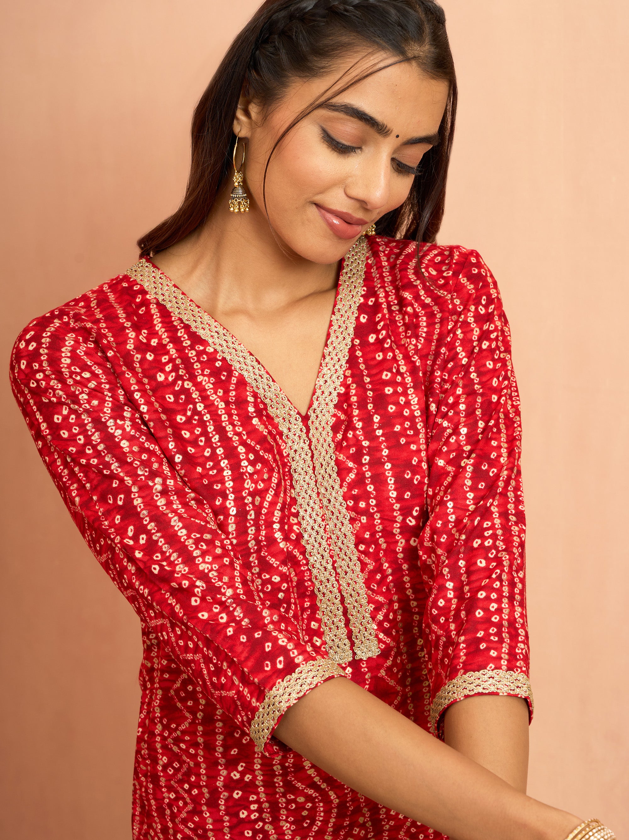 Women's Red Bandhani Foil Print Rayon Kurta
